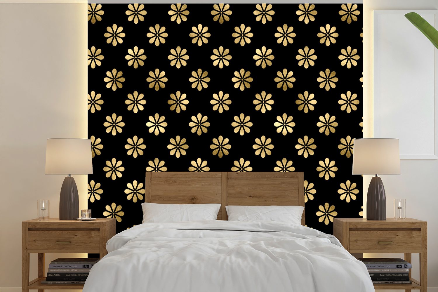 oder Tapete Wandtapete Schlafzimmer, (5 - Matt, Muster St), MuchoWow bedruckt, Gold, Wohnzimmer für Vinyl - Blumen Fototapete