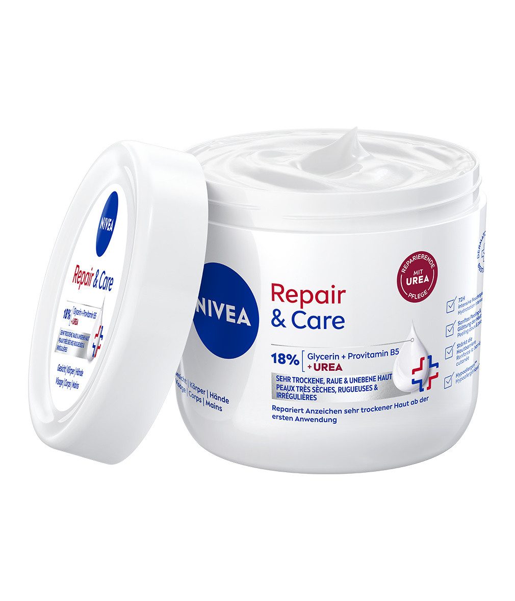 Nivea Feuchtigkeitscreme Repair & Care Creme-Tiegel Urea 2 x 400ml Packung, 2-tlg., Komplex aus 18% Urea, Provitamin B5 und Glycerin