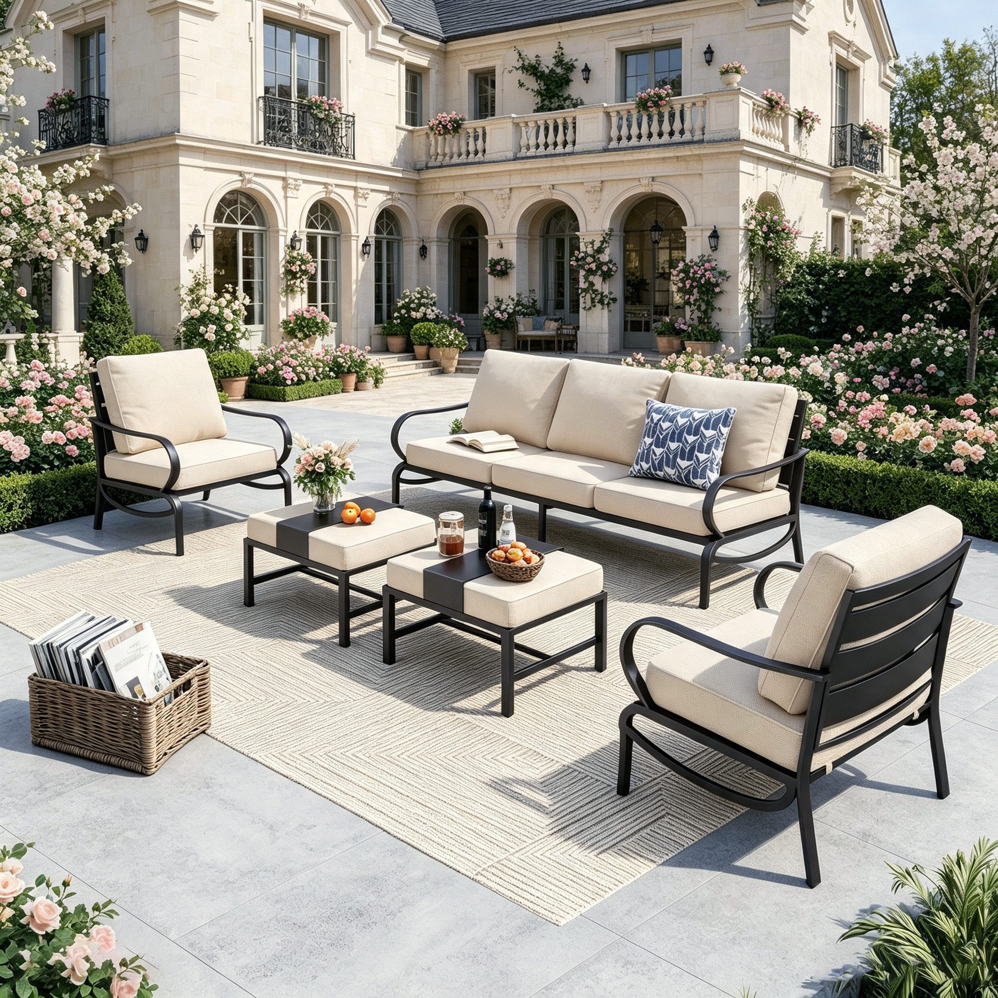 PHI VILLA Gartenlounge-Set, (Balkonmöbel Outdoor Ecksofa, Gartenmöbelsets 7-Sitzer, 5-teiliges Metall Lounge Möbel Outdoor), E-Beschichtung Geschmiedeter Rahmen & Dicke Kissen, Beige