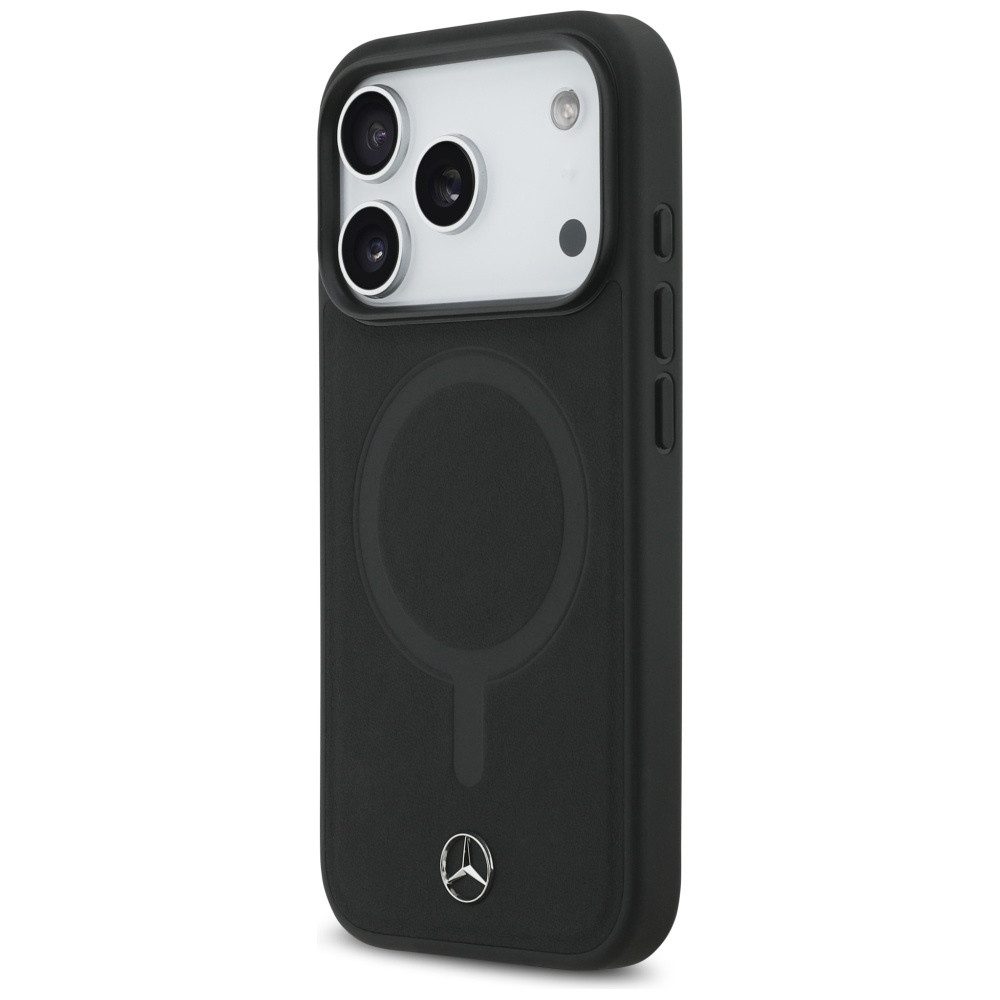 Mercedes Benz Handyhülle iPhone 17 Pro Echtleder schwarz Logo Metall MagSafe 6,3 Zoll, Kantenschutz