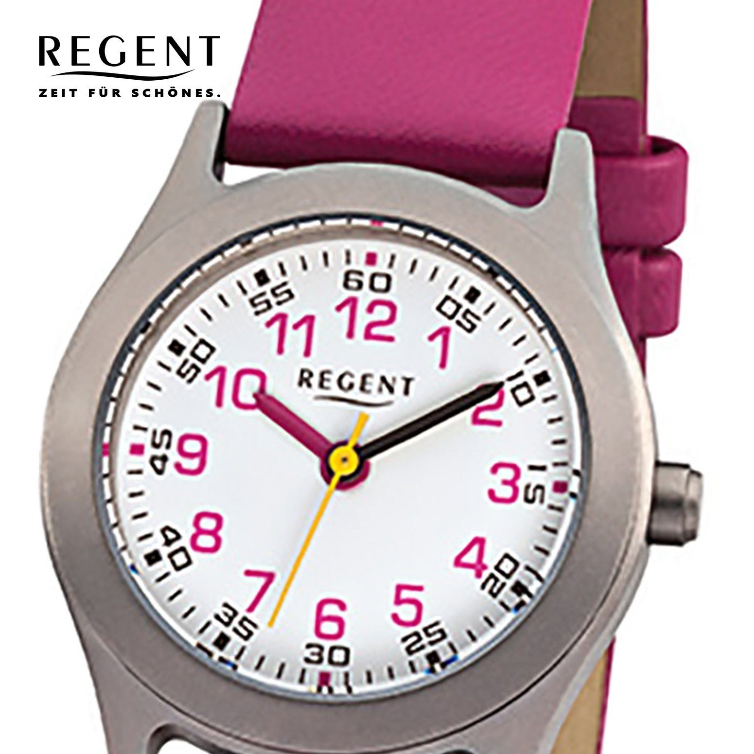 Regent Quarzuhr Regent Kinder-Armbanduhr pink Analog F-946, (Analoguhr), Kinder Armbanduhr rund, klein (ca. 26mm), Lederarmband
