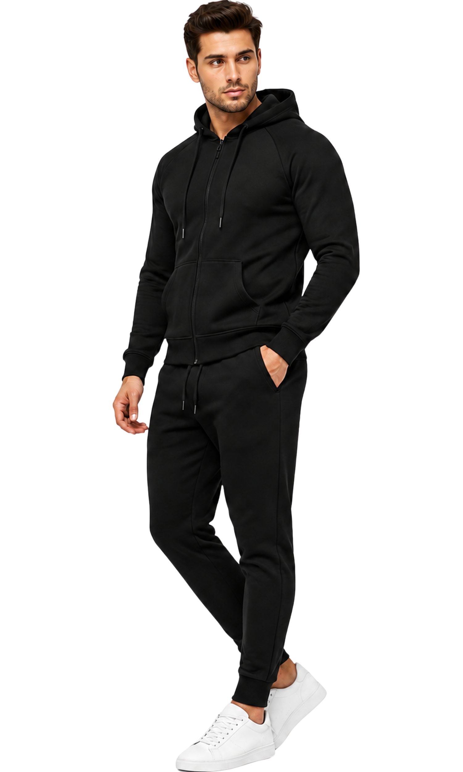 L.gonline Freizeitanzug Herren Jogginganzug einfarbig 100% BW 586 Schwarz XL (Kapuzenjacke mit Reißverschluss, Hose, 2-tlg), Fitness Freizeit Casual