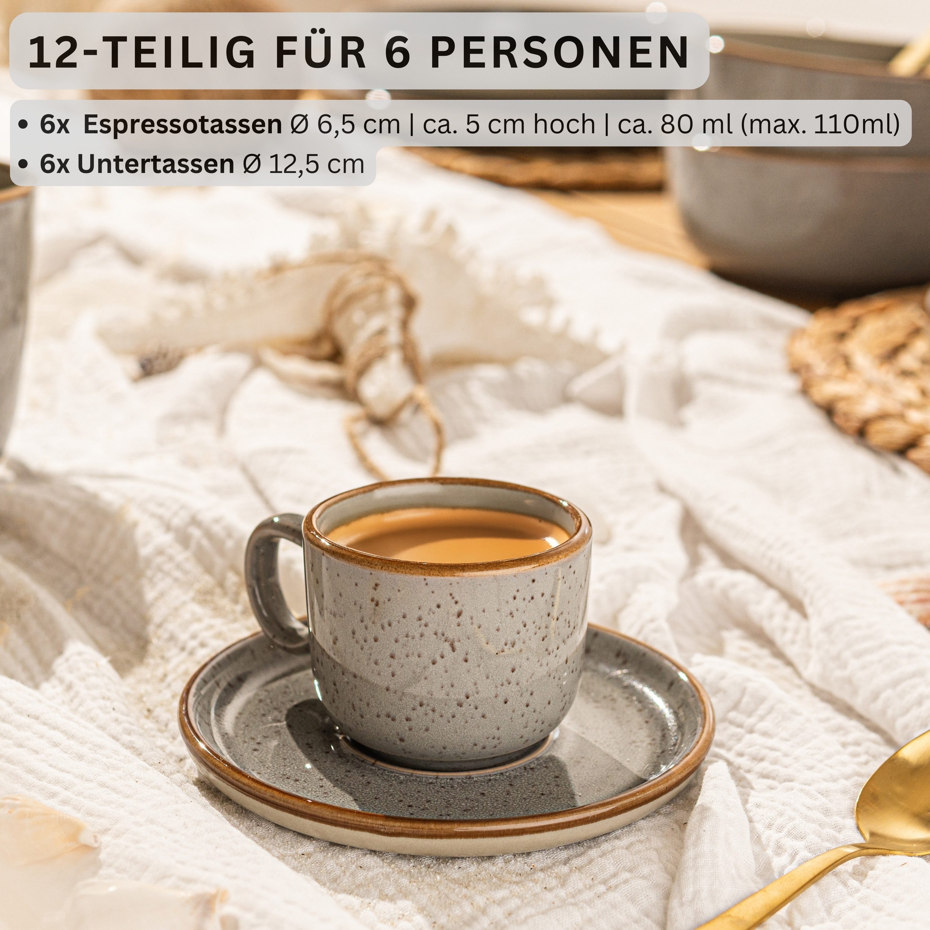 SÄNGER Espressotasse Set 12 tlg. Rio, 12-tlg., Steingut, Rio, Perlgrau, 80 ml, VALUE COLLECTION