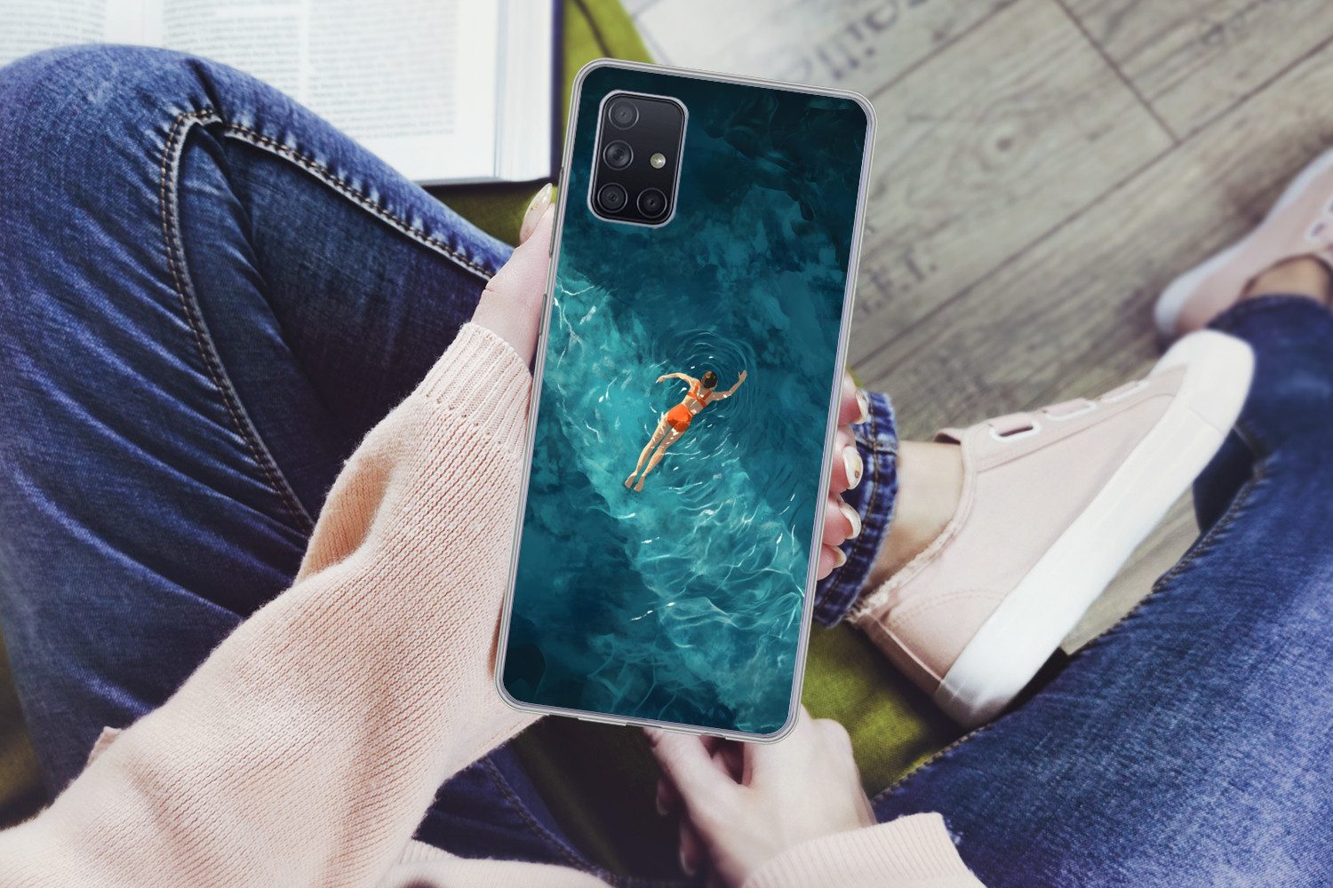 MuchoWow Handyhülle für Samsung Galaxy A51 Frau - Wasser - Bikini - Orange, Smartphone-Bumper, Print, Handy Schutzhülle Dünn