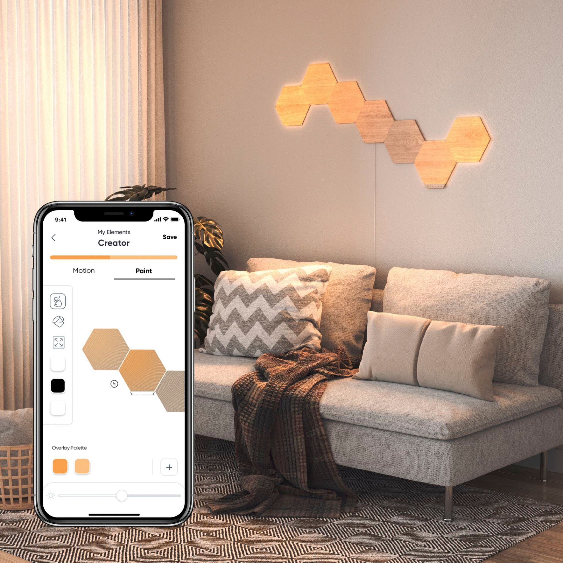 nanoleaf Abschaltautomatik, fest integriert, und Dekolicht elegante Smarte Technologie Wood Look, Beleuchtung LED Elements Kaltweiß,