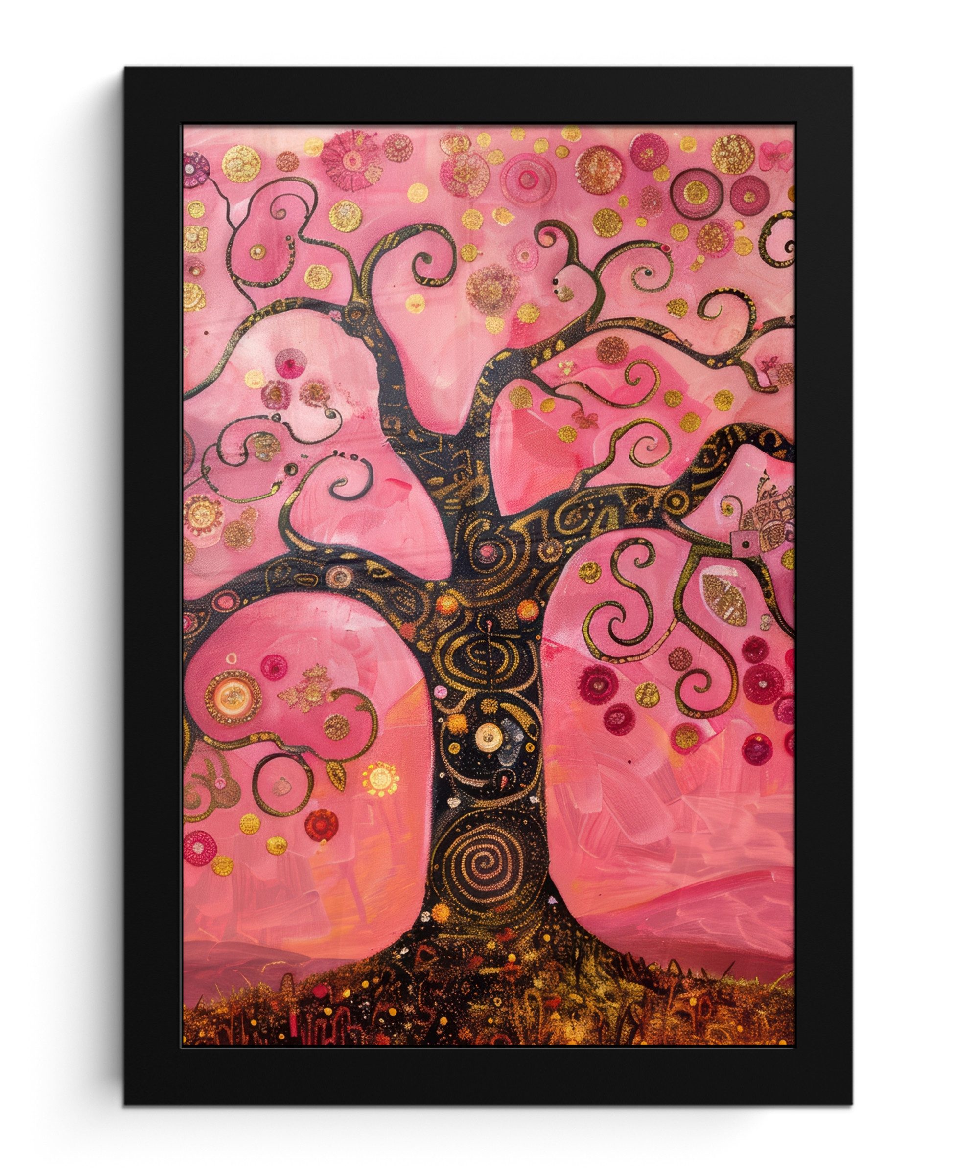 MuchoWow Poster Baum - Baum des Lebens - Rosa - Gold, (1 St), Bilderrahmen, Zimmer Deko, Bild für Wohnzimmer, 20x30 cm