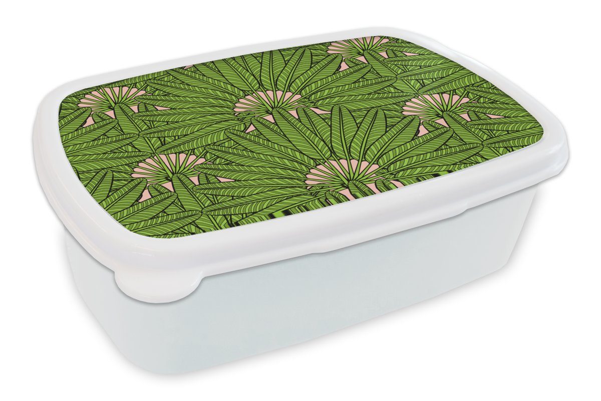 MuchoWow Lunchbox Palmenblatt - Muster - Dschungel - Tropisch, Kunststoff, (2-tlg), Brotbox für Kinder und Erwachsene, Brotdose, für Jungs und Mädchen weiß