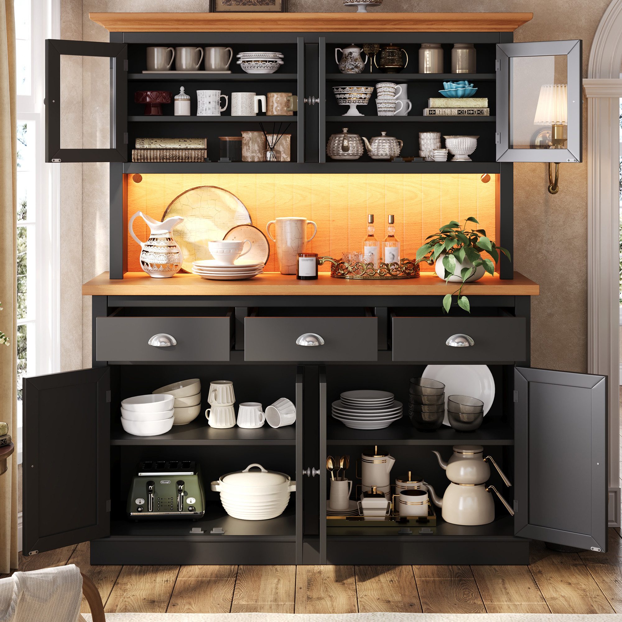 Flieks Küchenbuffet Hochschrank mit LED-Beleuchtung, 4 Glastüren, verstellbaren Böden (B140/T40/H180 cm, 1-St) Küchenschrank mit Arbeitsplatte Holzoptik Vitrine Retro-Stil Schwarz