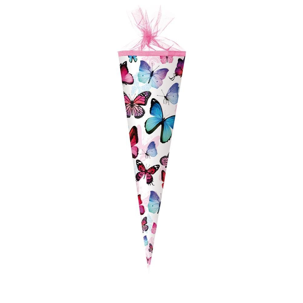 Nestler Schultüte Schmetterling 2016, 50 cm, rund, mit rosafarbigem Tüllverschluss