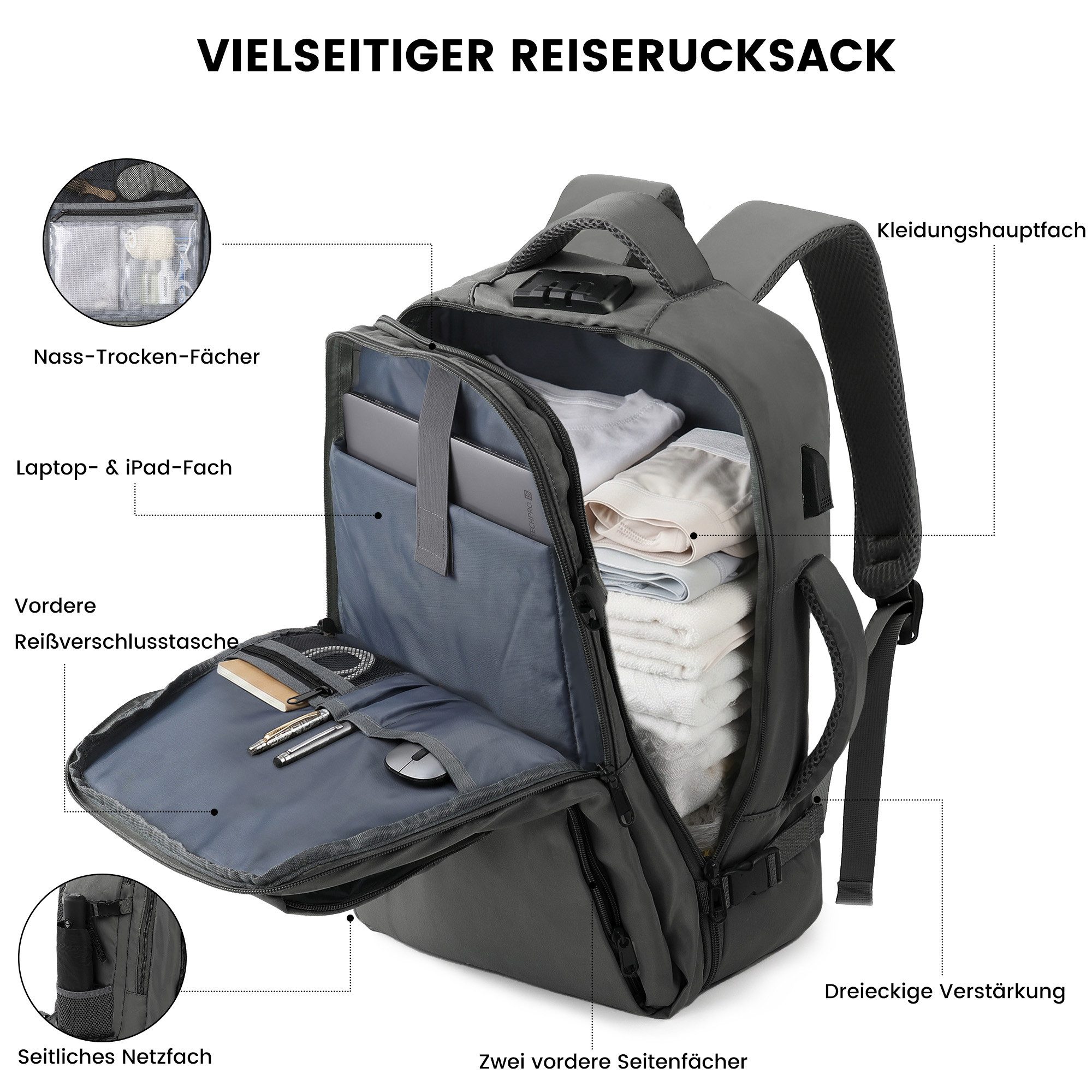 TANTOMI Reiserucksack Ryanair Handgepäck Rucksack mit 2 Größen, Laptopfach – Bild 5 von 5