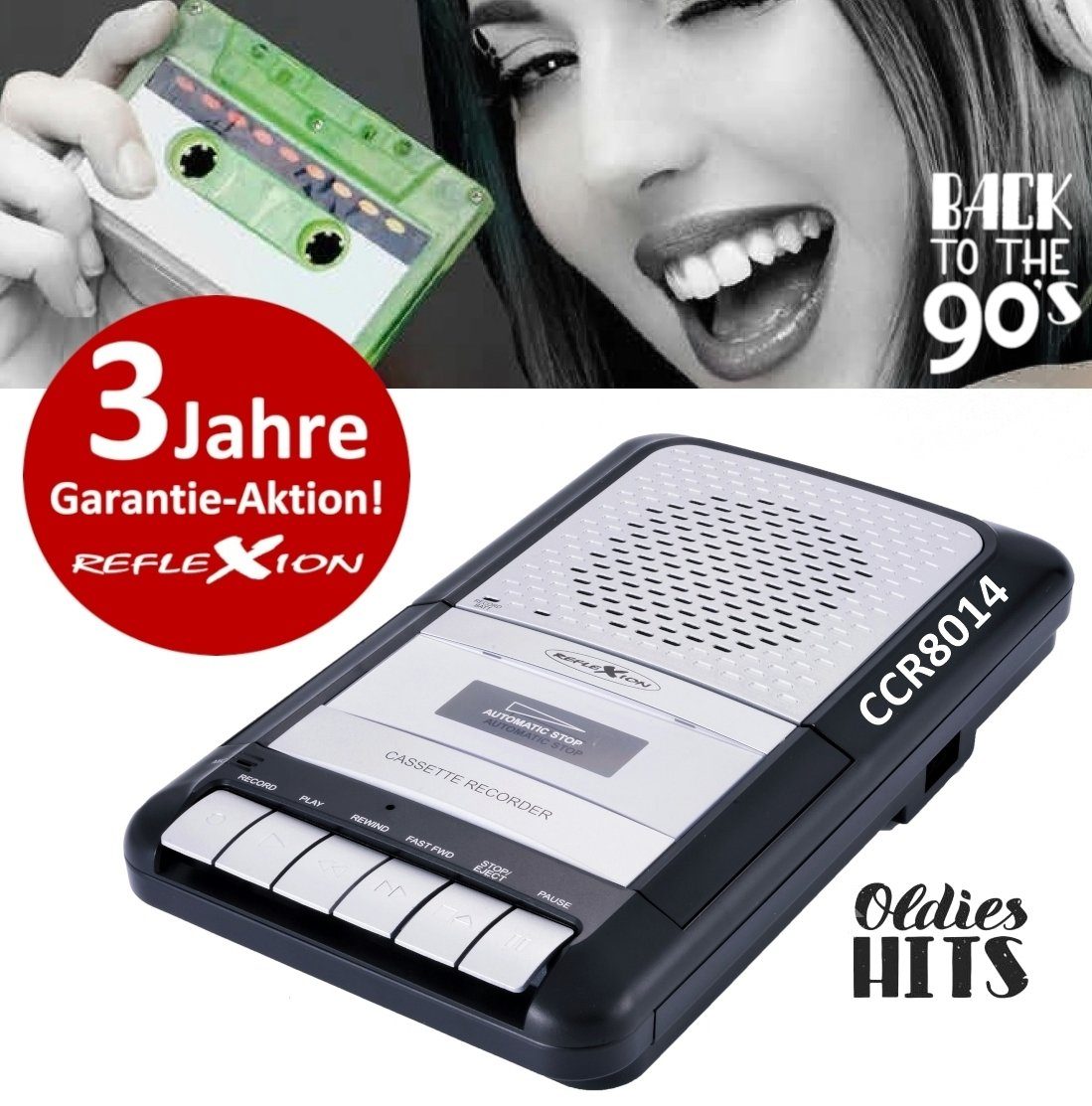Reflexion »CCR8014 Retro Kassettenrecorder Diktiergerät« Kassetten Player  (Tape Recorder, „One Touch“- Aufnahme, Autostop, Kassettenspieler,  Kassettenrekorder, Audio Walkman, eingebautes Mikrofon)