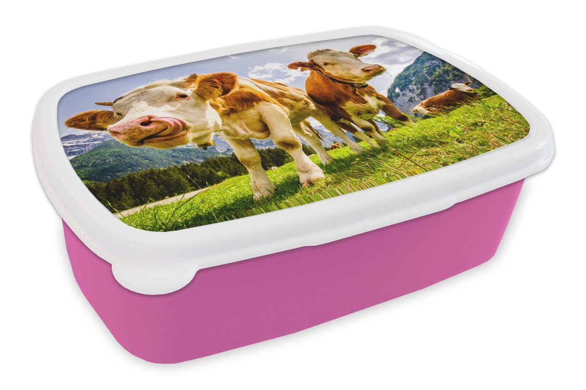 MuchoWow Lunchbox Kühe - Berge - Gras - Landschaft - Alpen, Kunststoff, (2-tlg), Brotbox für Erwachsene, Brotdose Kinder, Snackbox, Mädchen, Kunststoff rosa