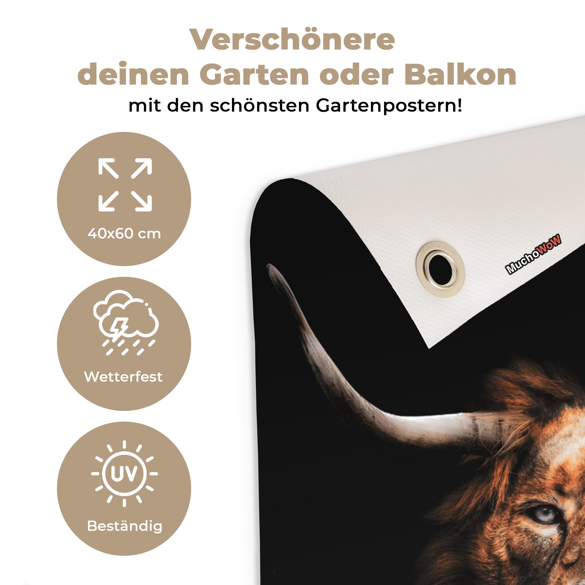 OnlyWow Poster für Garten Löwe - Schwarz - Mantel, Gartenposter, Outdoor Bilder, Terrasendeko Banner, 40x60 cm
