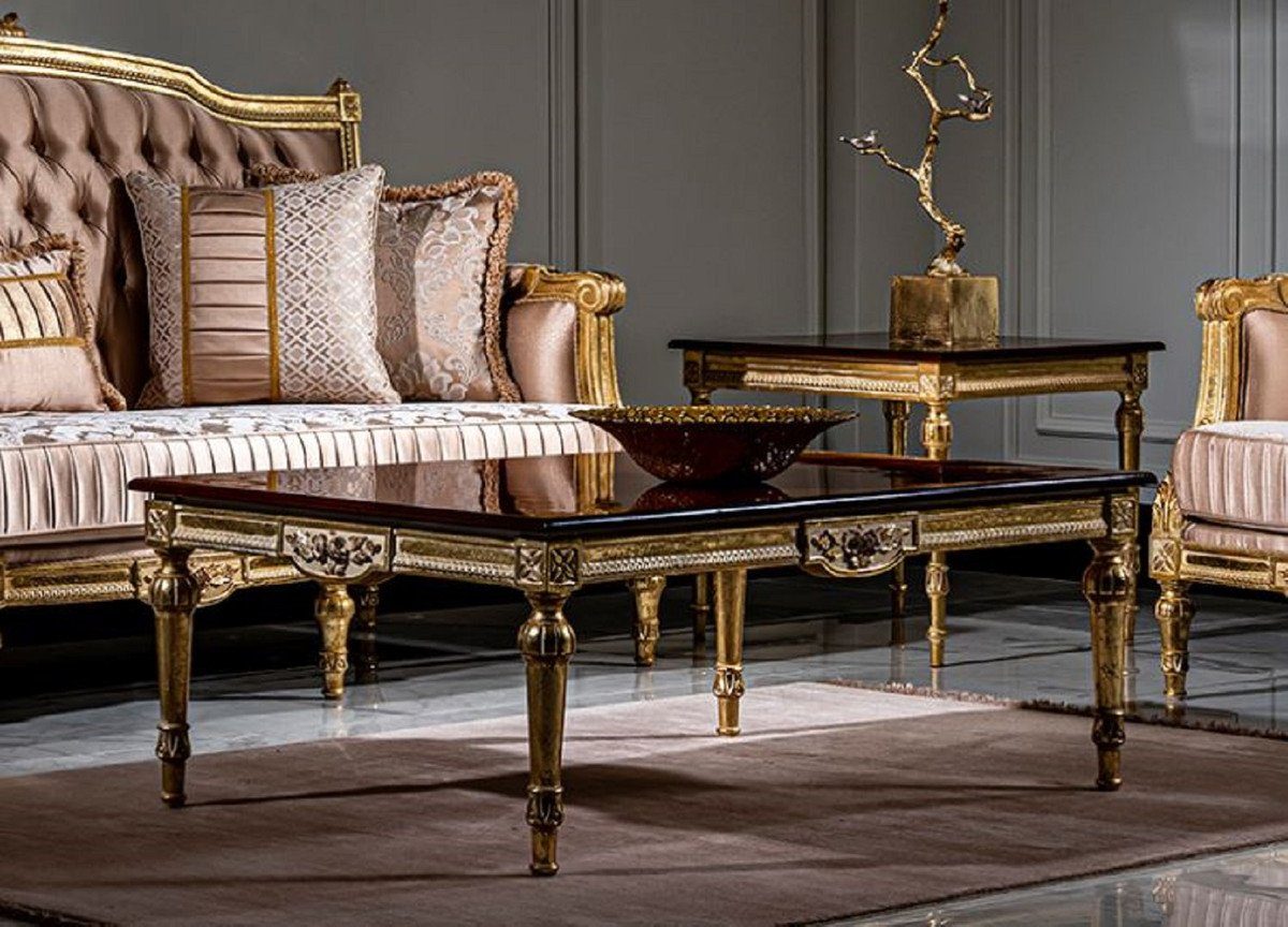 Handgefertigter Couchtisch im Barock Couchtisch Barock / - Wohnzimmertisch Barockstil Padrino Massivholz Gold Möbel Edle Schwarz - Luxus Casa