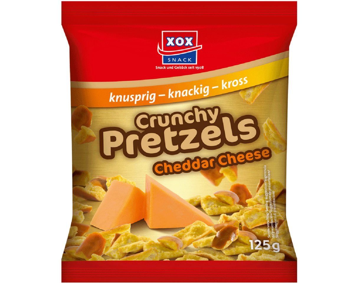 XOX Knabberei, XOX Crunchy Pretzels Cheddar Cheese Brezelstücke mit Cheddar Käse 125g