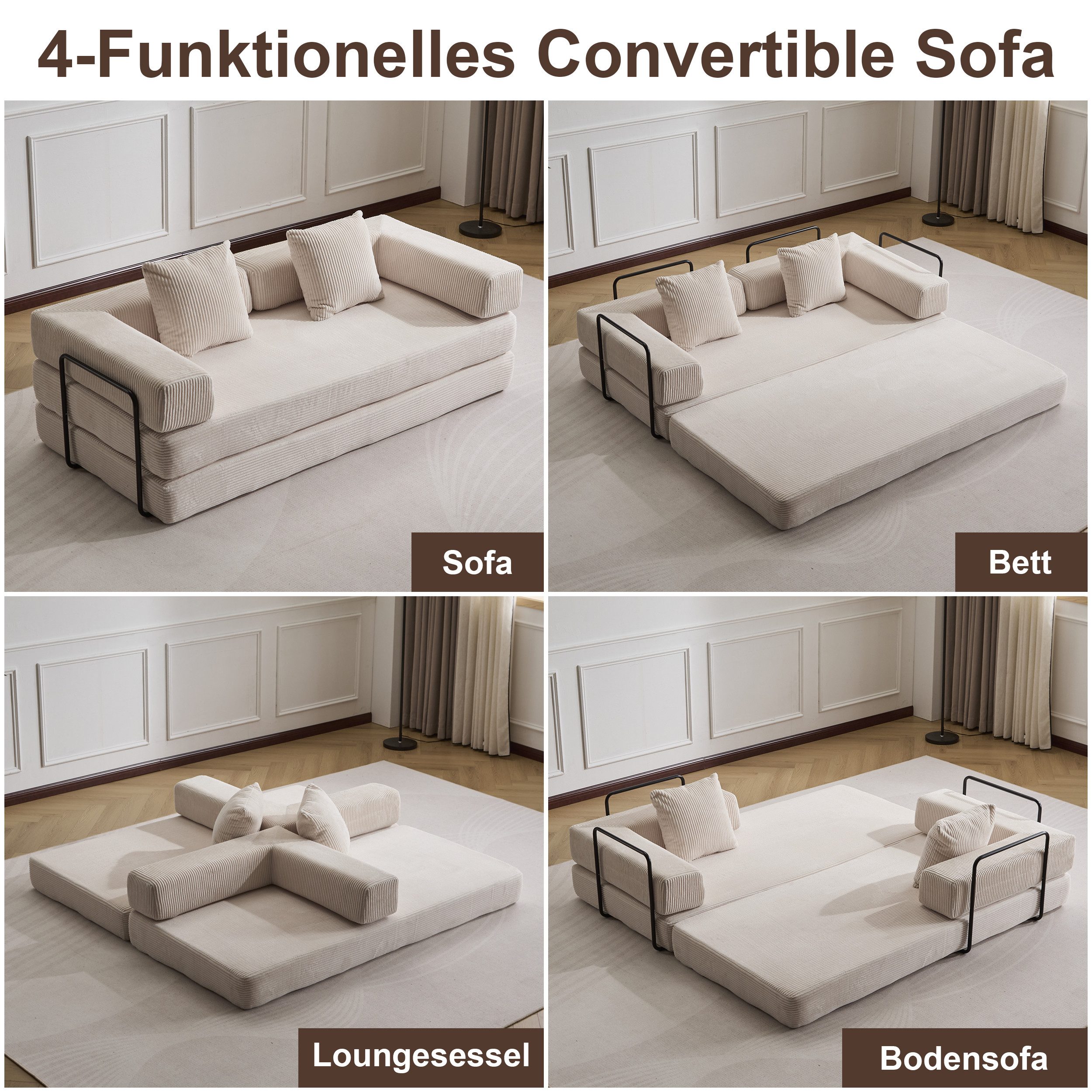 Vankel Loungesofa Faltbares Schlafsofa, bequemes Cord Bodensofa für kleine Räume, 4-in-1 Klappsofa für Wohnzimmer, Schlafzimmer, Büro oder Gäste