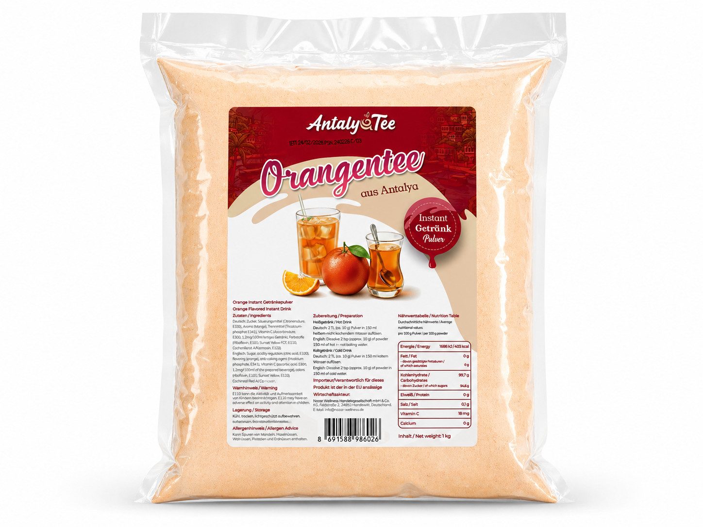 Tee Orangen Instant Getränkepulver 1 kg – türkischer Tee heiß o. kalt, schnell löslich, feines Pulver