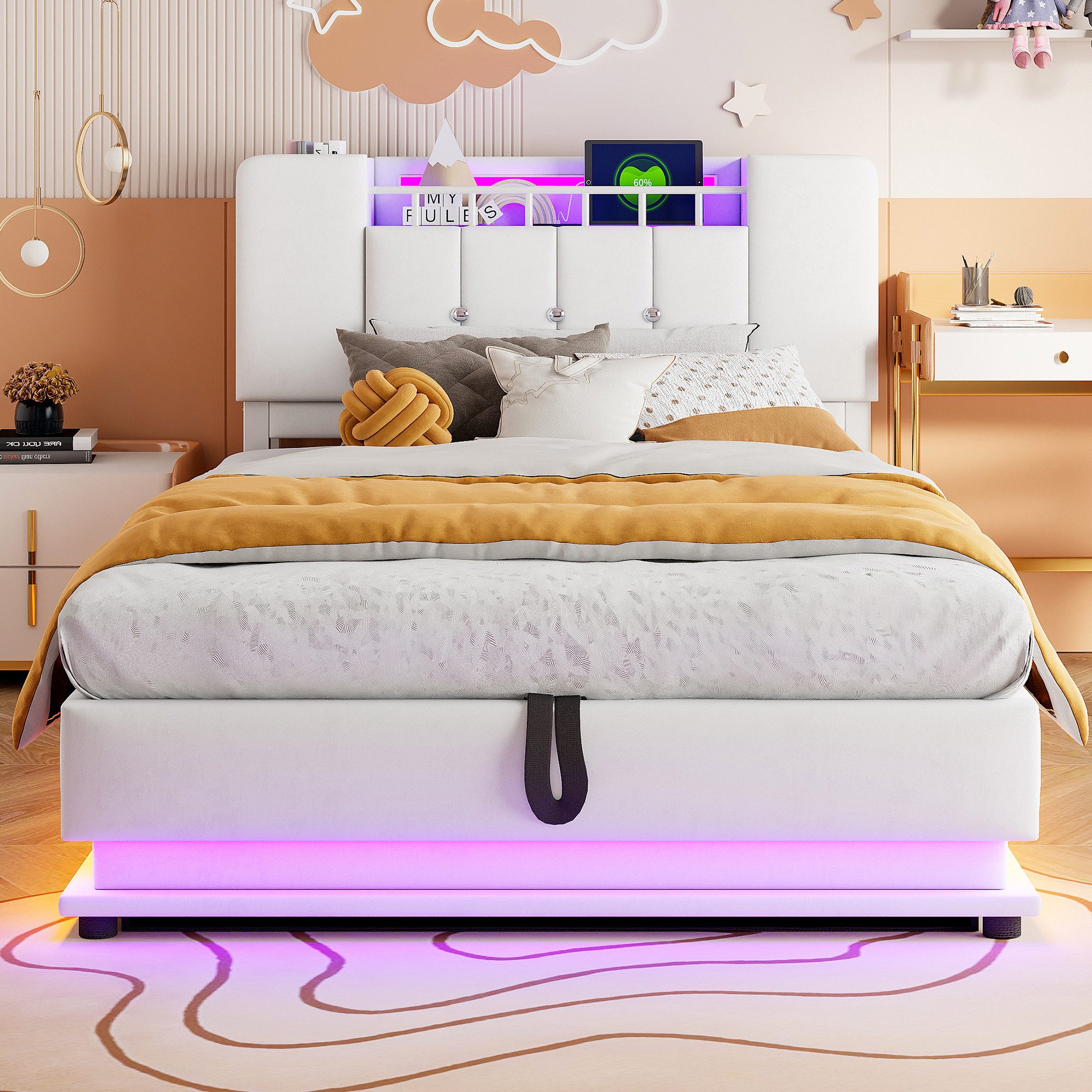 Merax Polsterbett mit LED-Beleuchtung und USB-Anschluss (Metalllattenrahmen & Samtbezug, 1-tlg., Kinderbett Einzelbett Mehrzweckbett Stauraumbett), Jugendbett 90×200cm mit hydraulischem Stauraum & Kopfteilfach, Samt