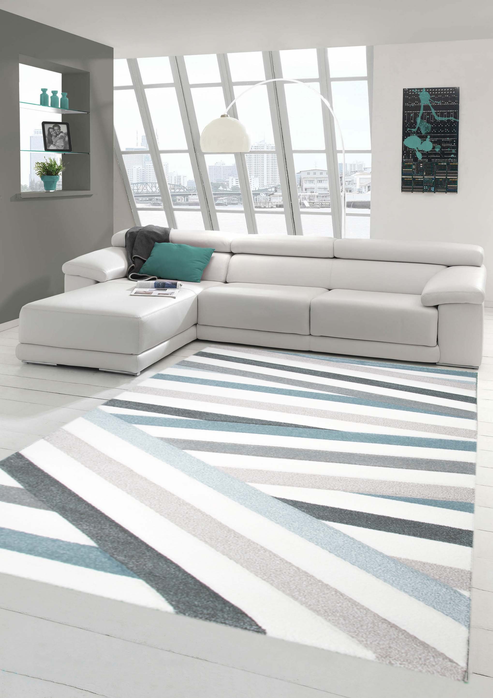 Teppich Designer Teppich Moderner Teppich Wohnzimmer Teppich Kurzflor  Teppich mit Konturenschnitt Gestreift Pastellfarben Blau Creme Beige,  Teppich-Traum, rechteckig, Höhe: 13 mm