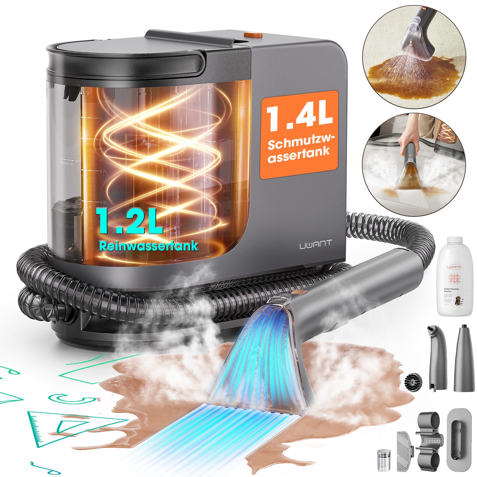 UWANT Teppichreinigungsgerät B400 Waschsauger Teppichreiniger, Nasssauger Polsterreiniger mit Dampf, 600 W, mit Beutel, 1750W–100°C Steam Cleaner, inkl.Reinigungsmittel, Sofa, Vorleger, Auto