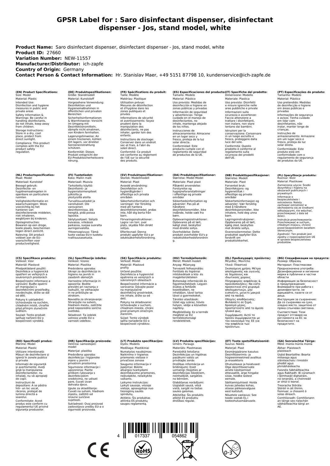 Saro Desinfektionsmittelspender Desinfektionsspender - Jos, Standmodell, weiß