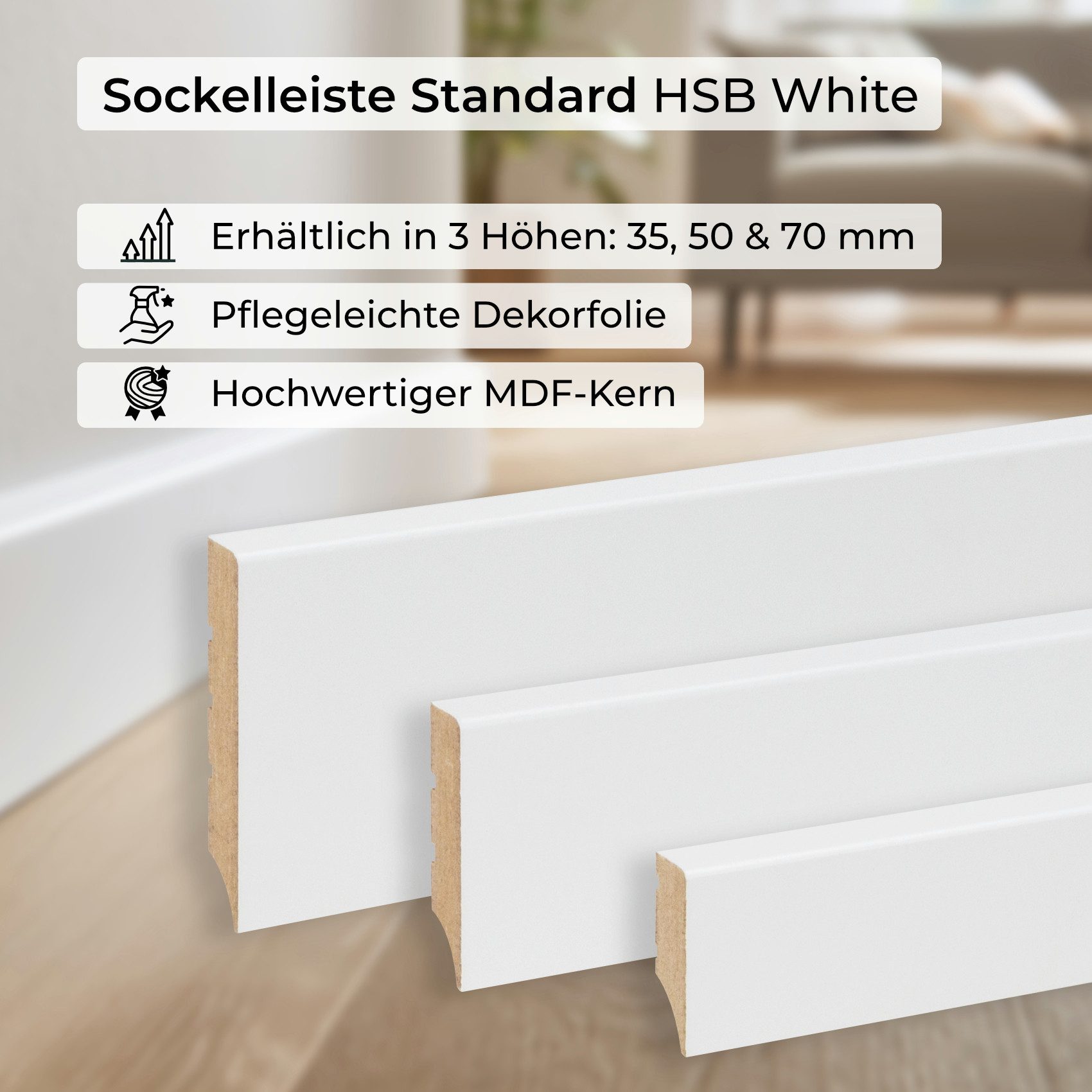 Hexim Sockelleiste, Fußbodenleiste 2000x35x12mm, 1 Stück Abschlußleiste weiß MDF foliert, Weimarer Profil Bodenleiste glatt Fußleiste, 2 Meter / 1 Leiste