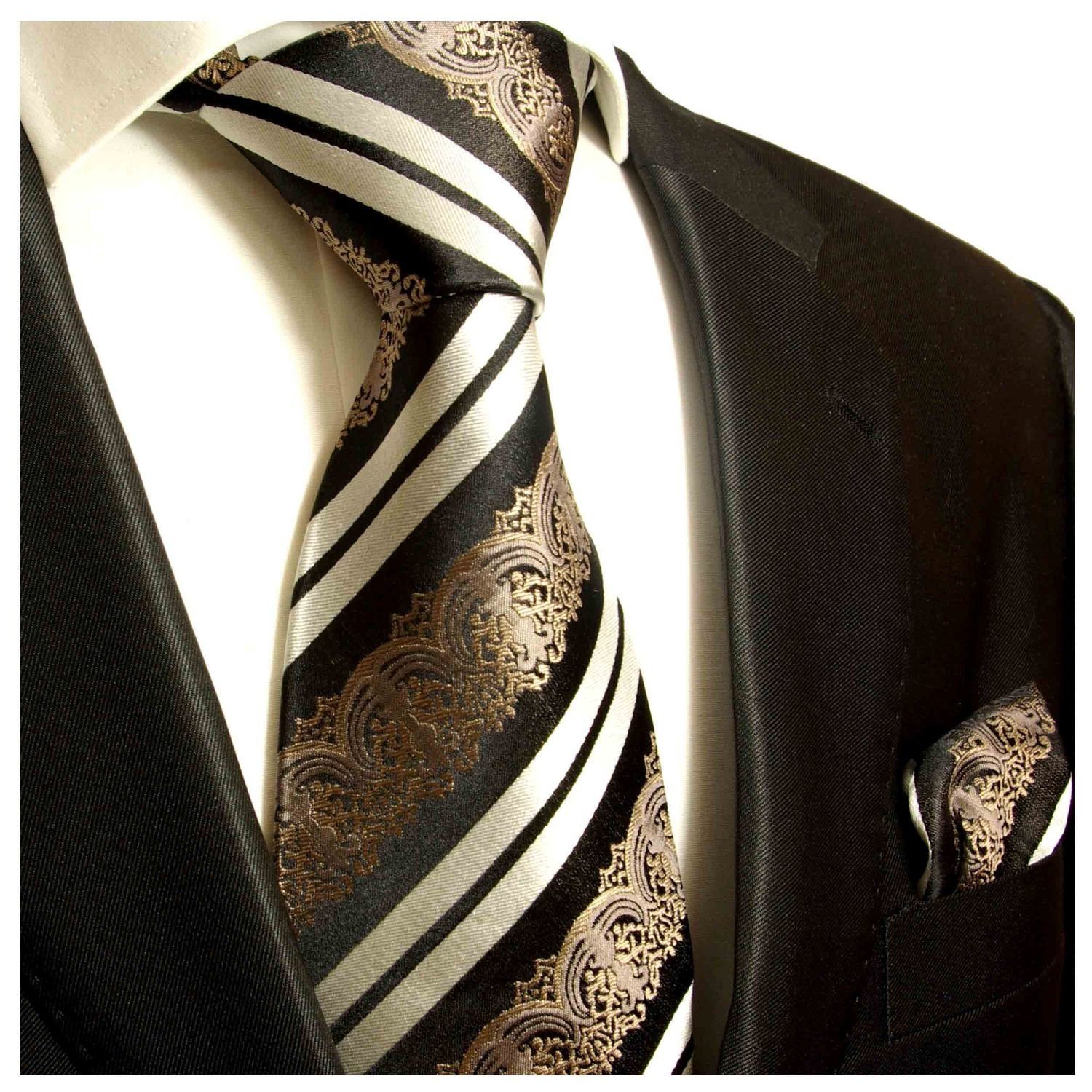 516 Paul Krawatte gestreift barock modern braun Herren Seidenkrawatte schwarz Malone 100% (8cm), Krawatte 2-St., Seide mit (Set, und Tuch Breit Einstecktuch)