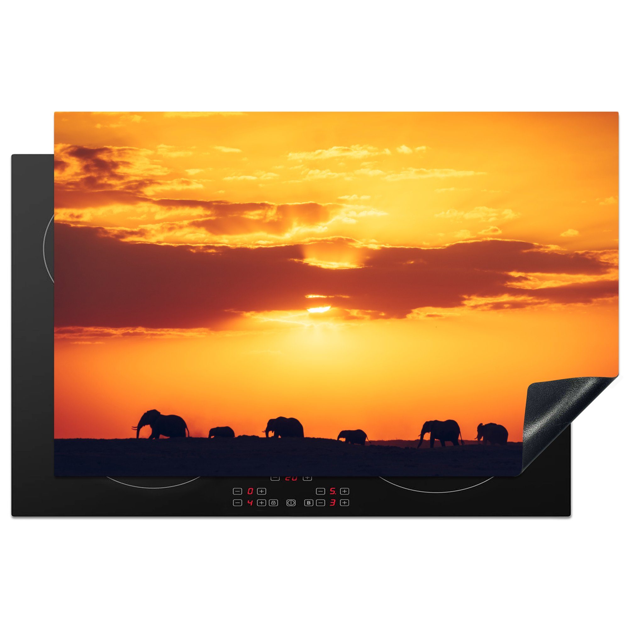 MuchoWow Herdblende-/Abdeckplatte Elefanten - Horizont - Sonnenuntergang - Tiere, Vinyl, (1 tlg), 81x52 cm, Induktionskochfeld Schutz für die küche, Ceranfeldabdeckung
