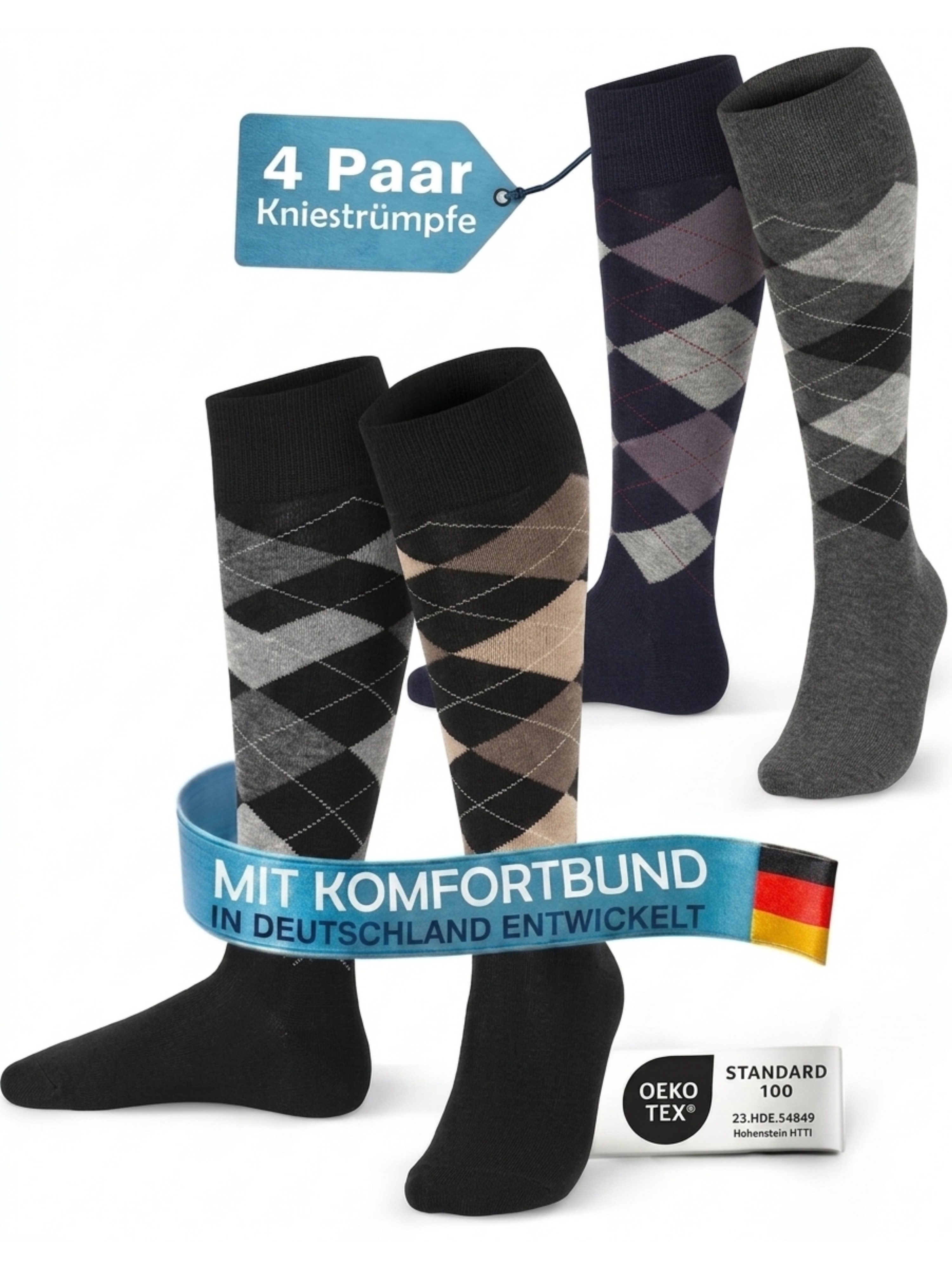 MEDOLY Kniestrümpfe Damen & Herren, mit 80% Baumwolle, Komfortbund (4 Paar)