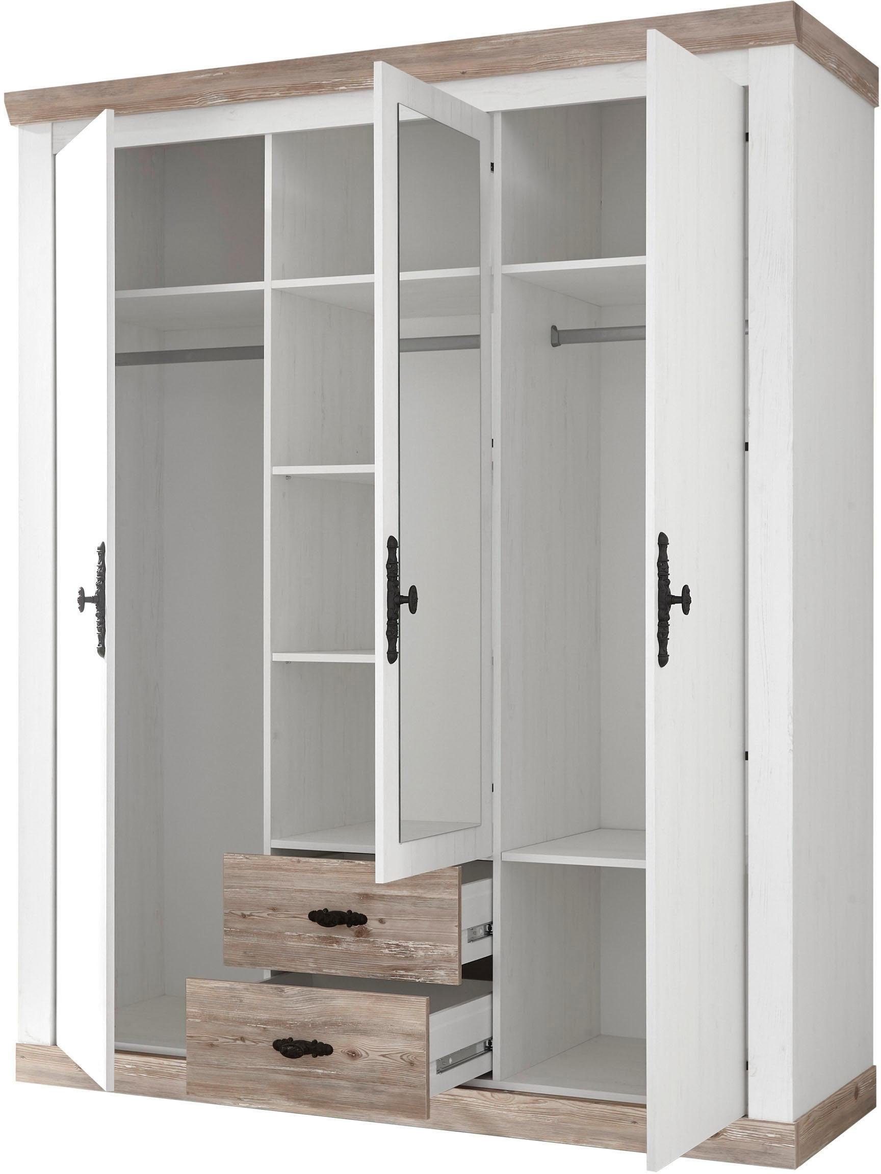 Home affaire Drehtürenschrank Florenz Landhausschrank,rustikale Metallgriffe mit feinen Verzierungen Kleiderschrank mit Spiegel Schlafzimmerschrank BESTSELLER Garderobe