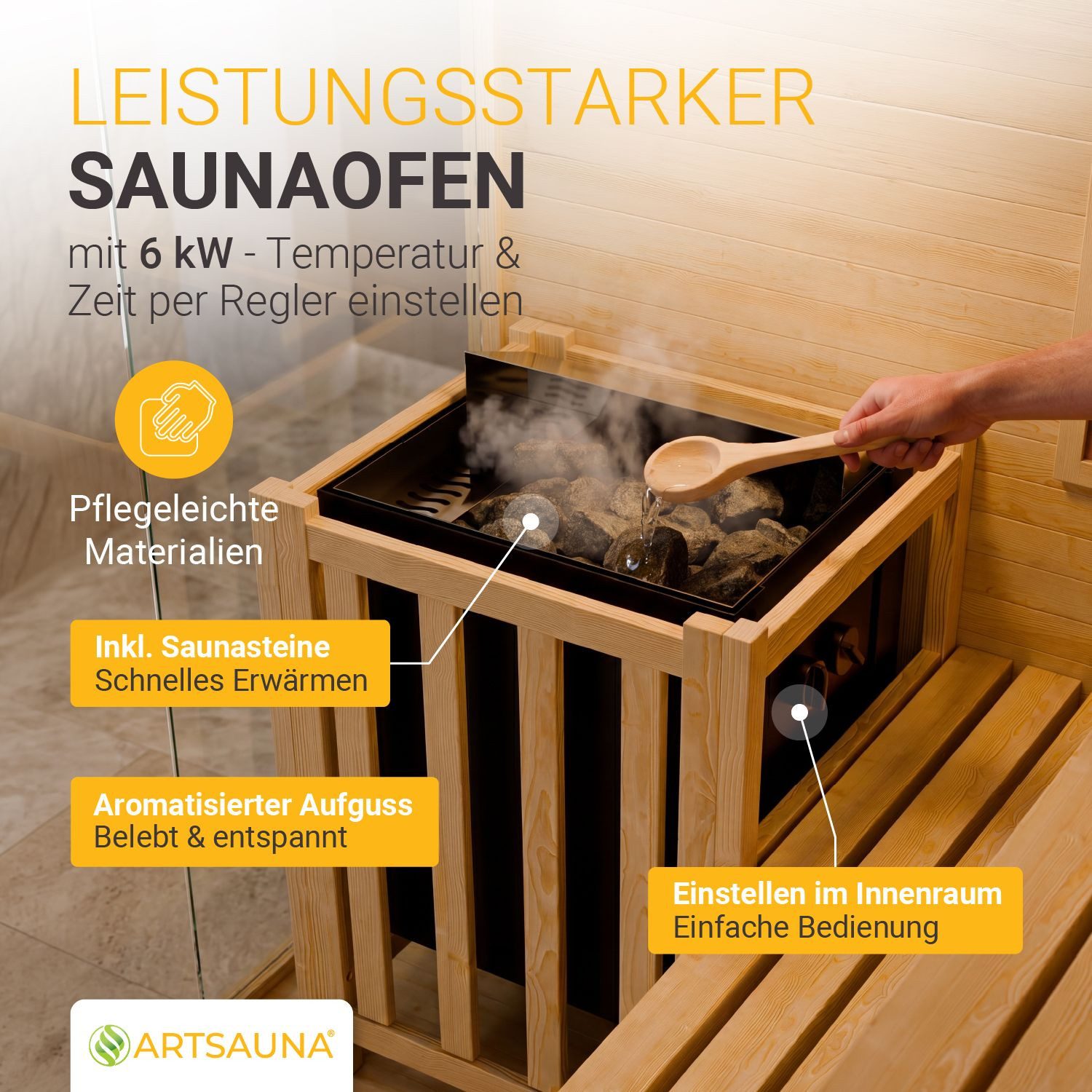 Artsauna Sauna Vantaa 150, BxTxH: 150 x 140 x 200 cm, 5 mm, 2 große Salzsteine, Ambientebeleuchtung, inkl. Ofen und Saunasteine