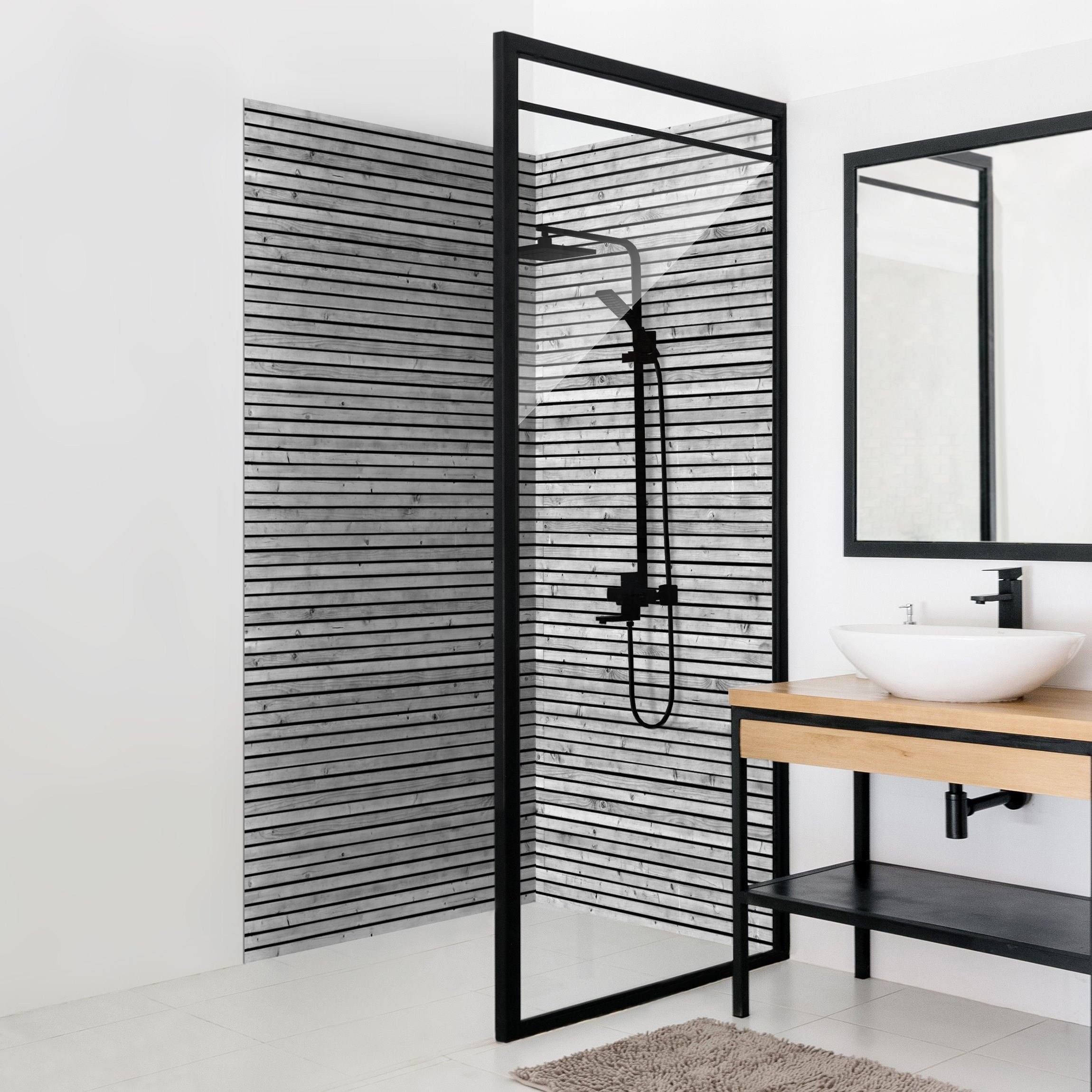 Bilderdepot24 Duschrückwand Holzoptik schwarz weiß Duschrückwand ohne Bohren Dusche, (2-tlg., 0,61 mm starke Folie selbstklebend Wandpaneele Dusche versch. Größen), fugenlose & wasserfeste Motiv Rückwand Wandverkleidung für Duschkabine