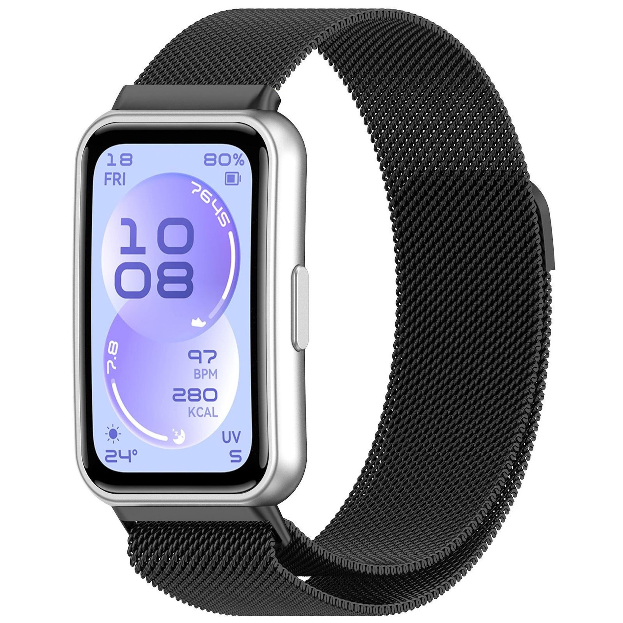 Wigento Smartwatch-Armband Edelstahl für Huawei Band 11 / 11 Pro Magnetverschluss Band Schwarz, Milanese Edelstahlarmband mit Magnetverschluss