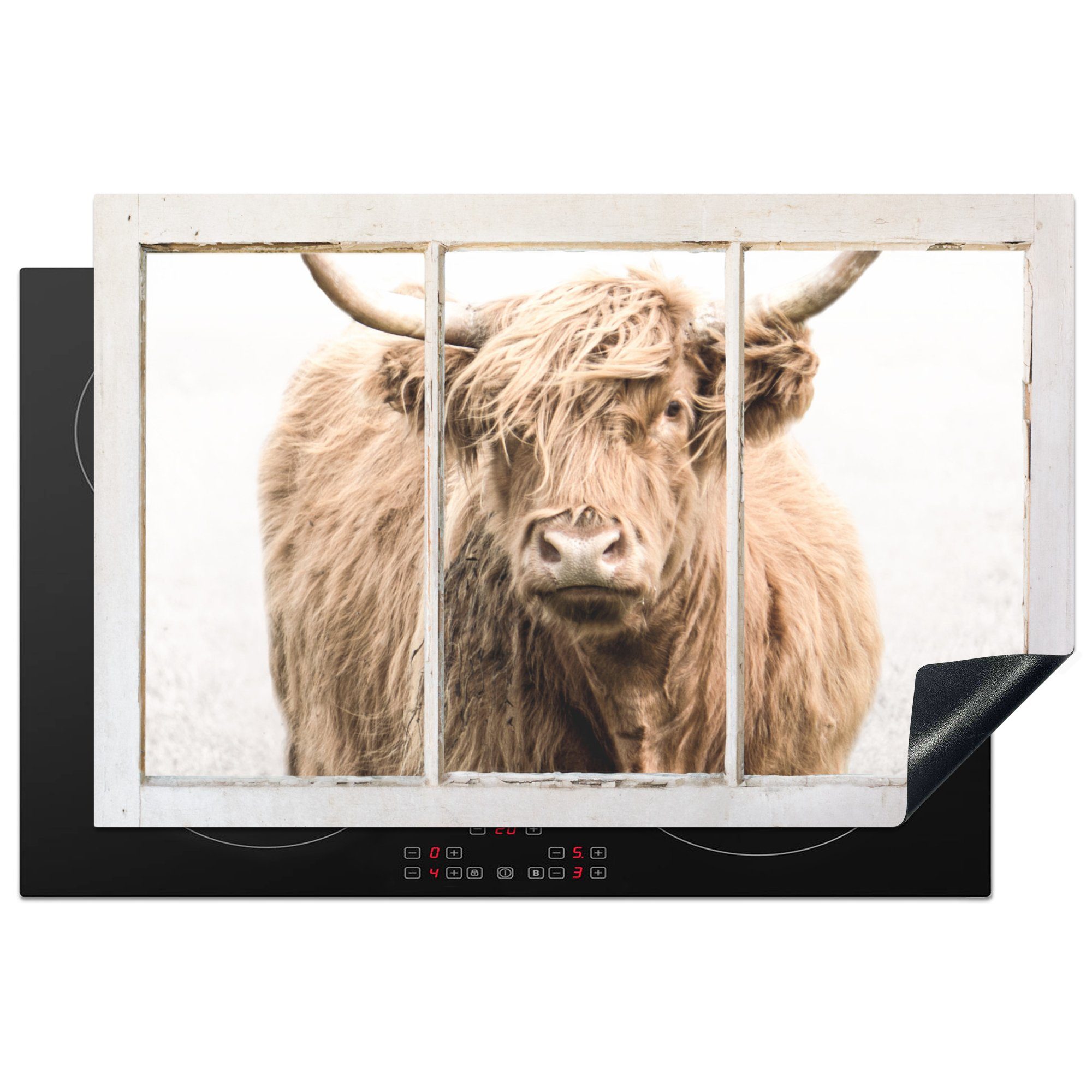 MuchoWow Herdblende-/Abdeckplatte Scottish Highlander - Ansicht - Nebel, Vinyl, (1 tlg), 81x52 cm, Induktionskochfeld Schutz für die küche, Ceranfeldabdeckung