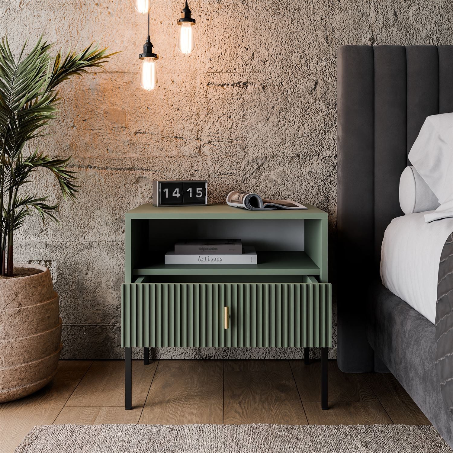 Lookway Nachttisch MIDNIGHT mit geriffelter Front auf Gestell, Breite 54 cm