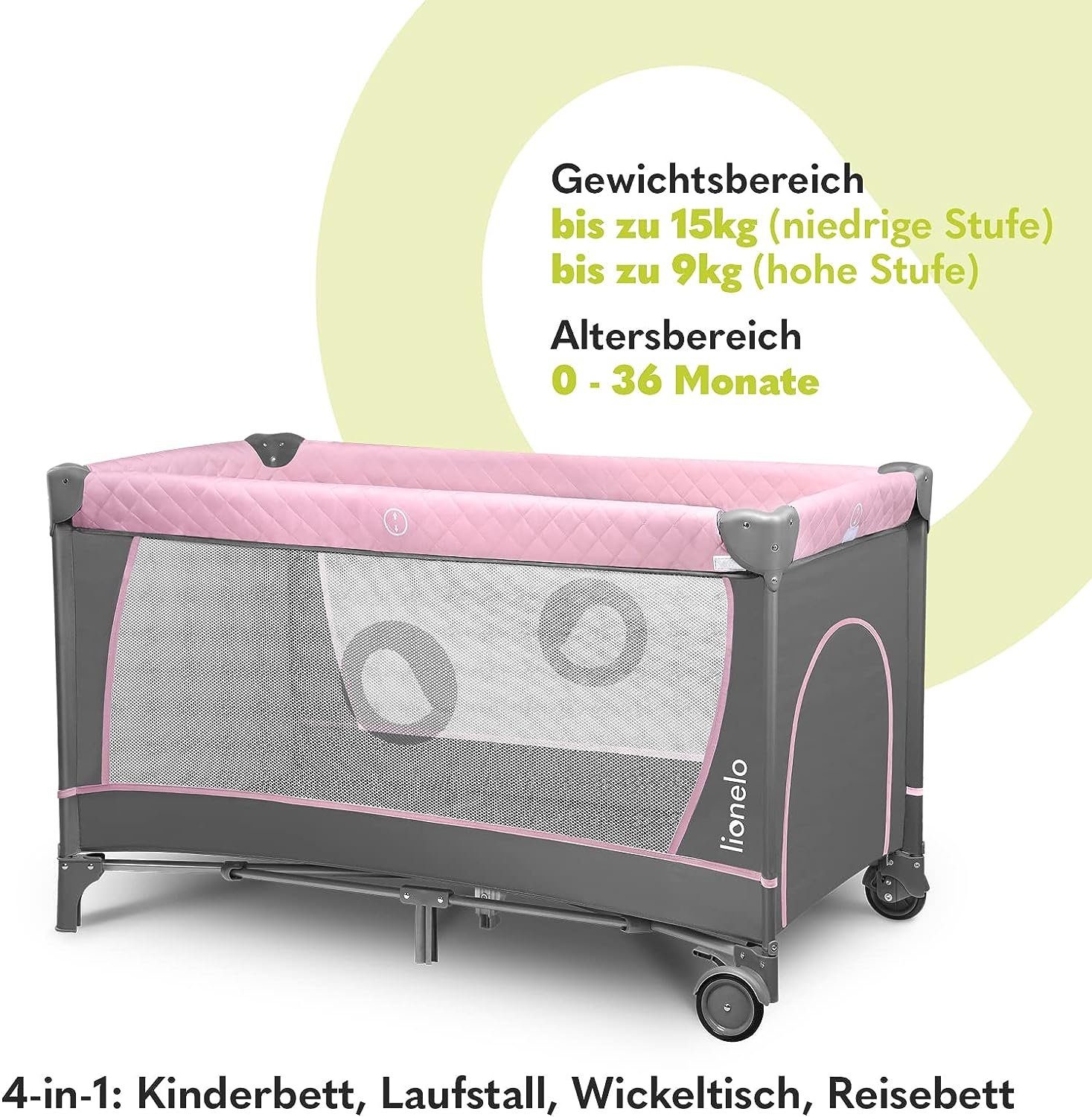 lionelo Baby-Reisebett FLOWER, 4in1:Laufstall Baby, Wickeltisch, Zwei Matratzenaufhängungshöhen