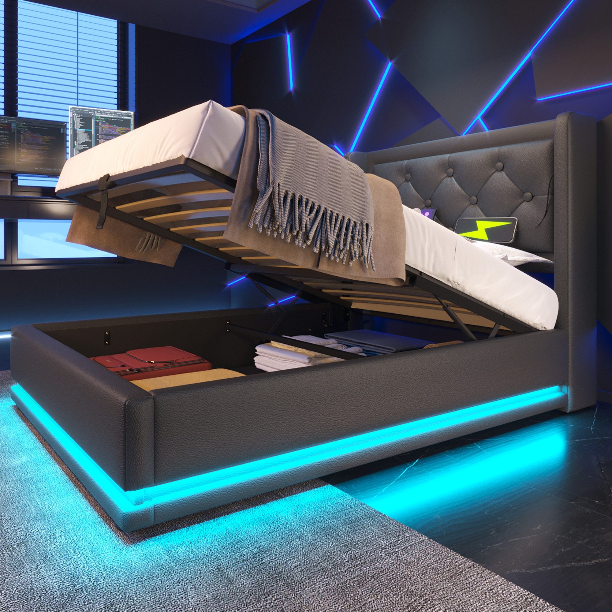 Flieks Polsterbett, LED Hydraulisches Stauraumbett Einzelbett 90x200cm mit günstig online kaufen