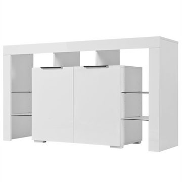 XDeer Sideboard Hochglanz LED Sideboard Küchenschrank Schrank Servertisch, Buffetschrank mit 4 Glasböden und 2 Tür Vitrine für Wohnzimmer