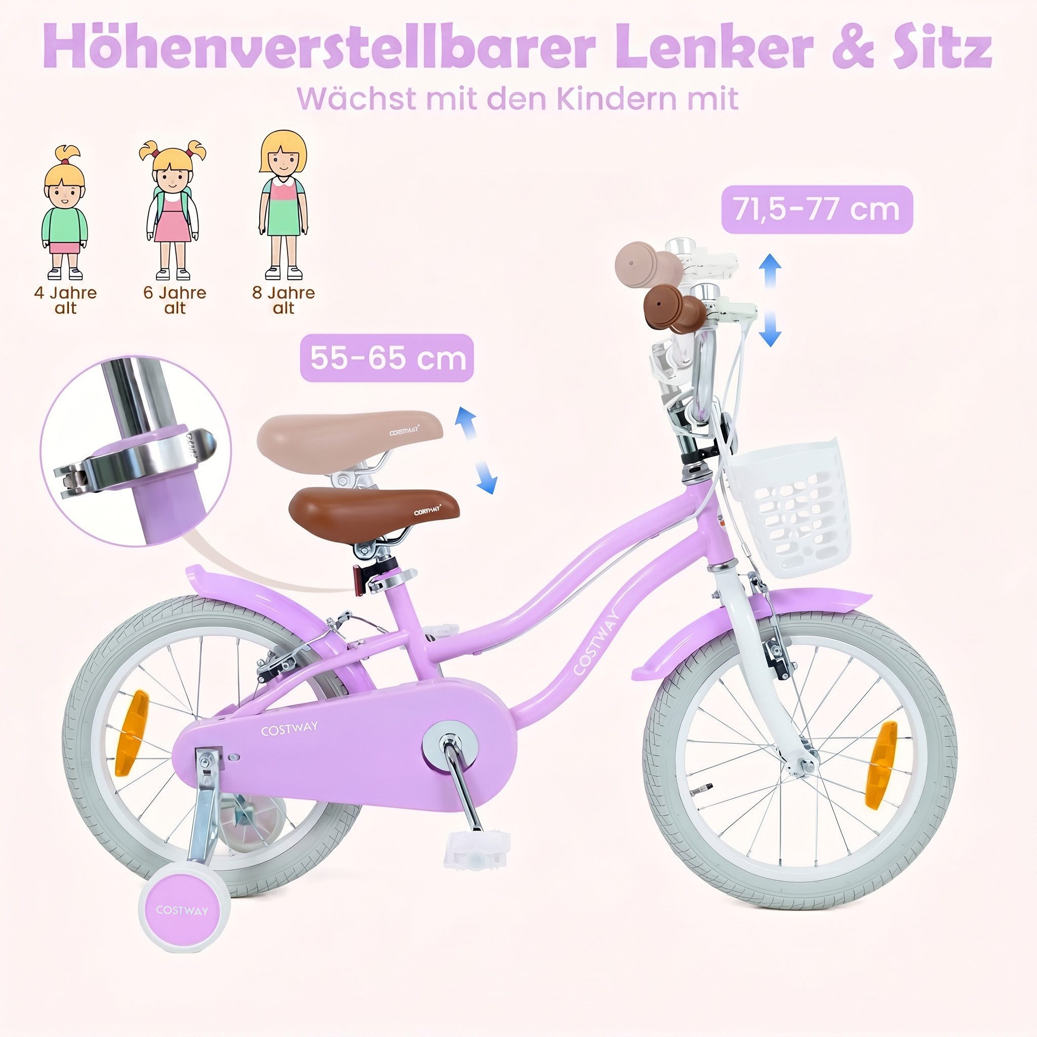 COSTWAY Kinderfahrrad, Mit Korb, Klingel, Doppelbremsen & abnehmbaren Stützrädern