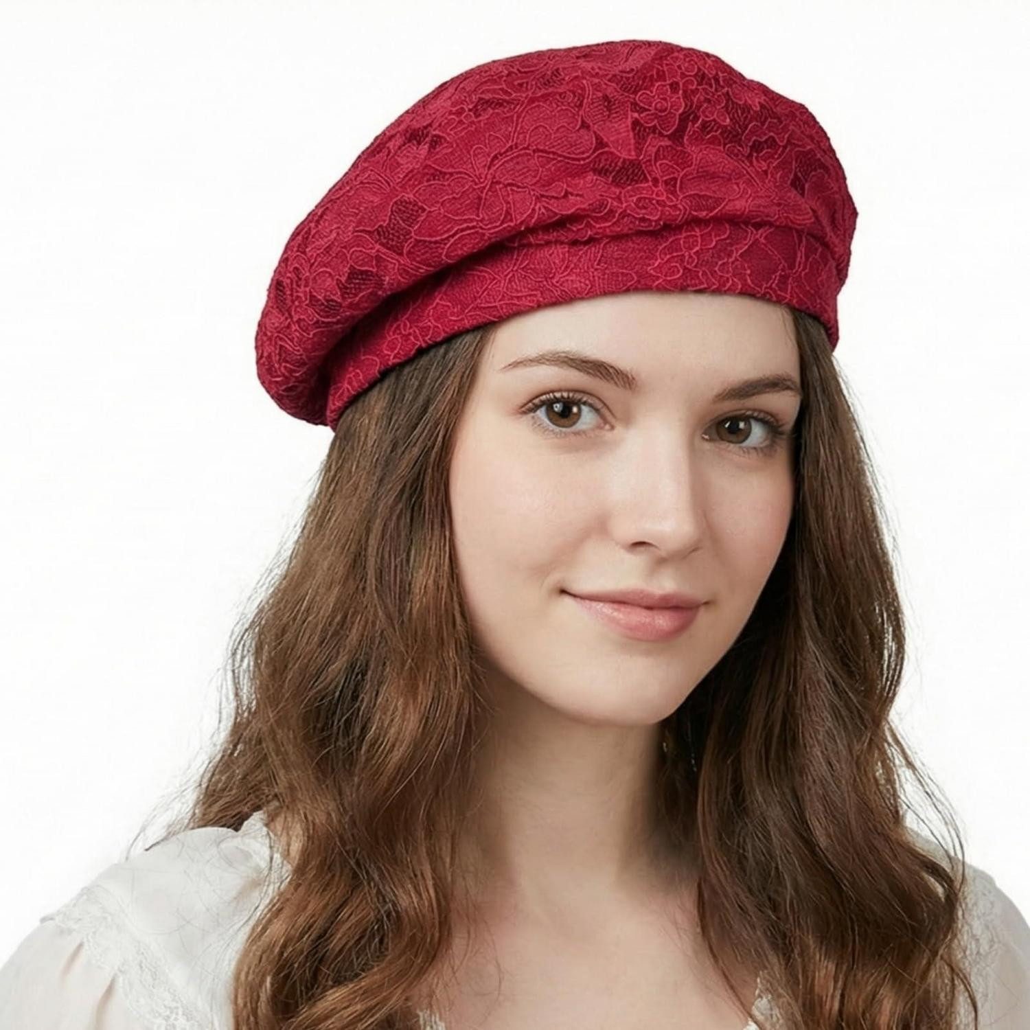 LuxusKollektion Baskenmütze Baskenmütze Damen Beret Spitze Künstlerhut Einheitsgröße Weinrot