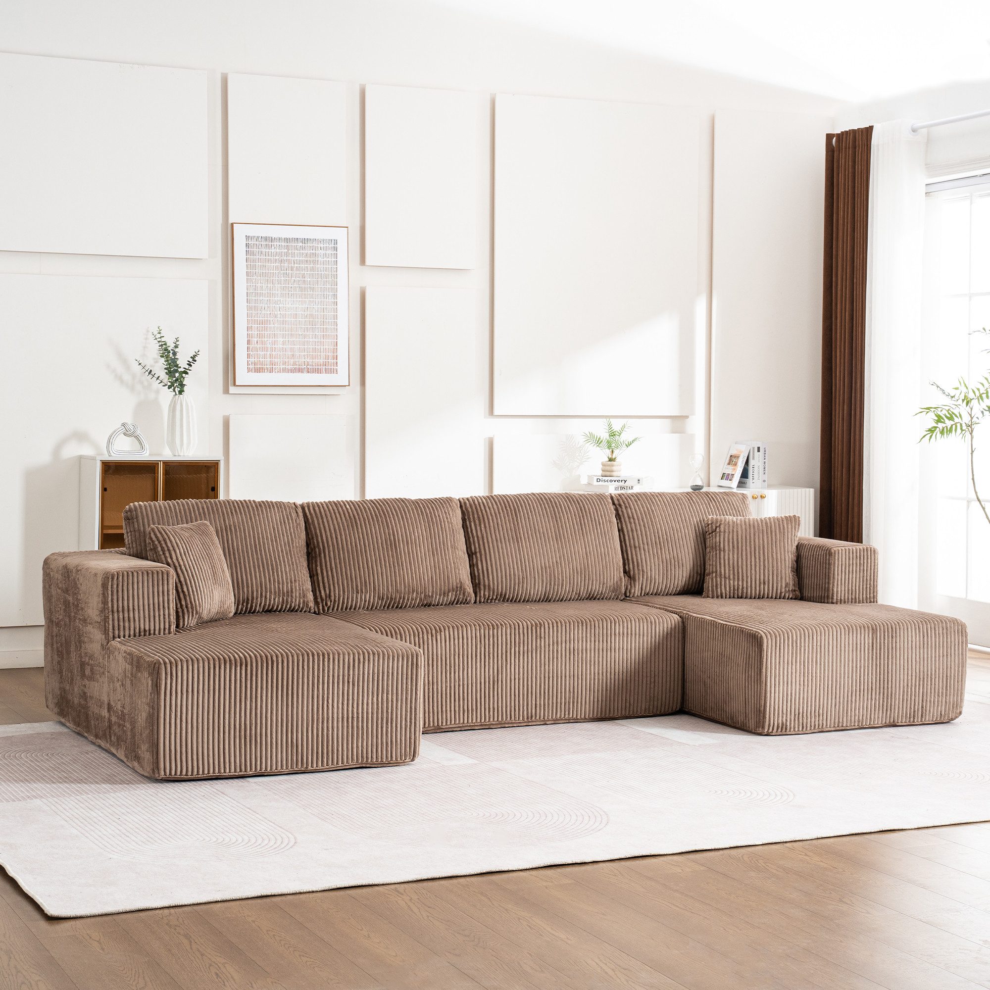 HAUSS SPOLE Schlafsofa U Form,Sofa Wohnzimmer Polstersofa Loungesofa mit Schlaffunktion, modernen Leisure-Sofa im U-Typ,aus Lampenstoff mit Liegestühlen., Big Sofa mit vier große Kissen und zwei kleine Kissen