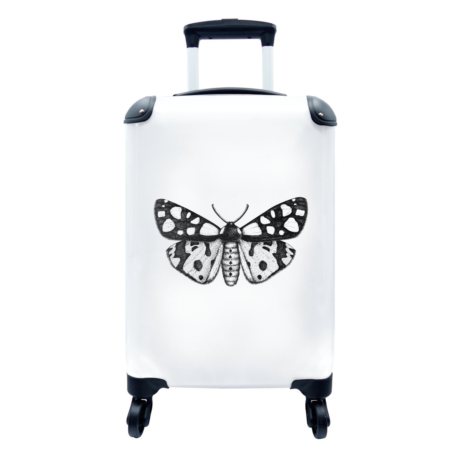 MuchoWow Handgepäckkoffer Schmetterling - Vintage - Schwarz und weiß, 4 Rollen, Reisetasche mit rollen, Handgepäck für Ferien, Trolley, Reisekoffer