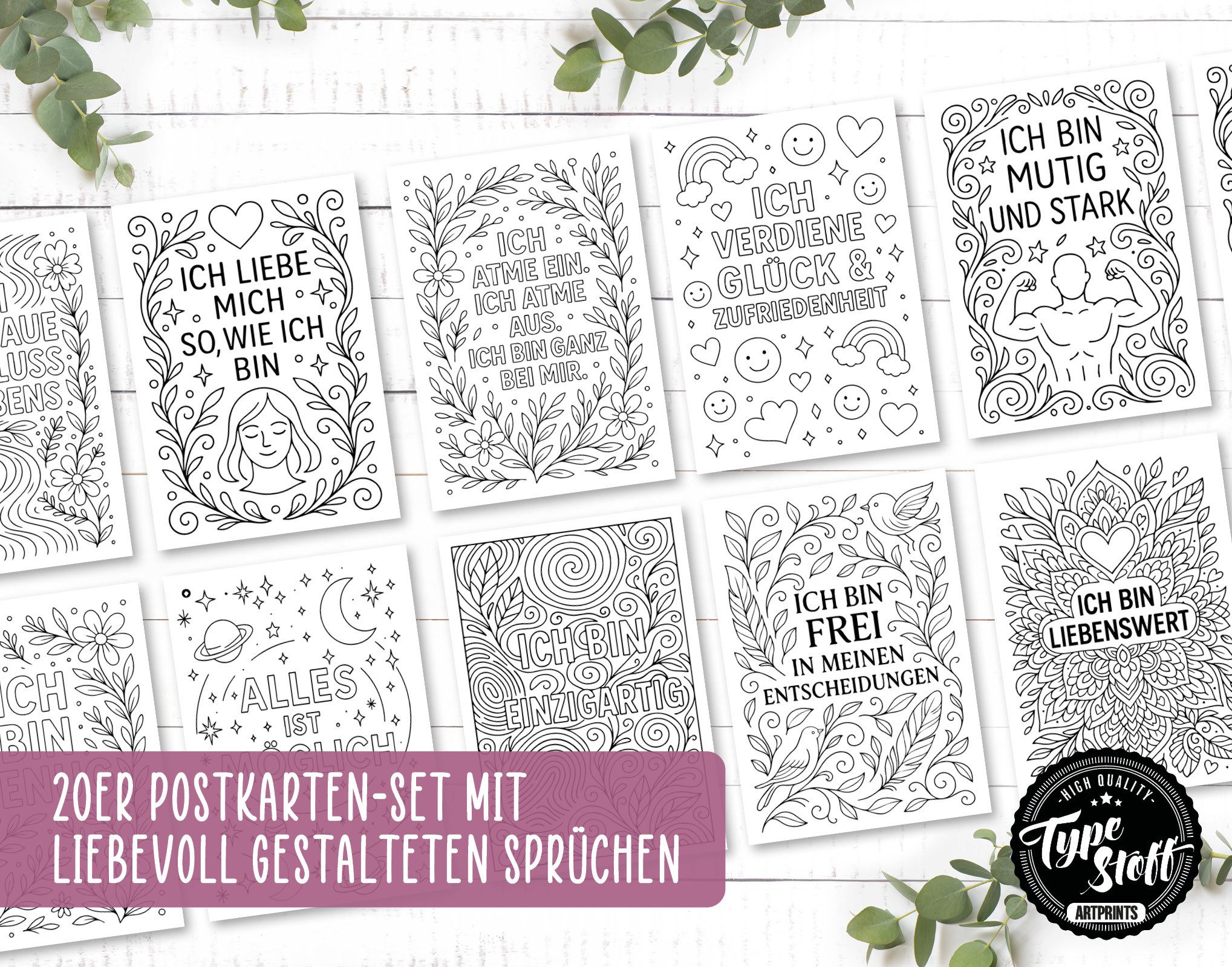 TypeStoff Grußkarten TypeStoff 20er Ausmal-Postkarten Set DIN A6 – Motive & Affirmation, Ausmalbar, Nachhaltiges Papier