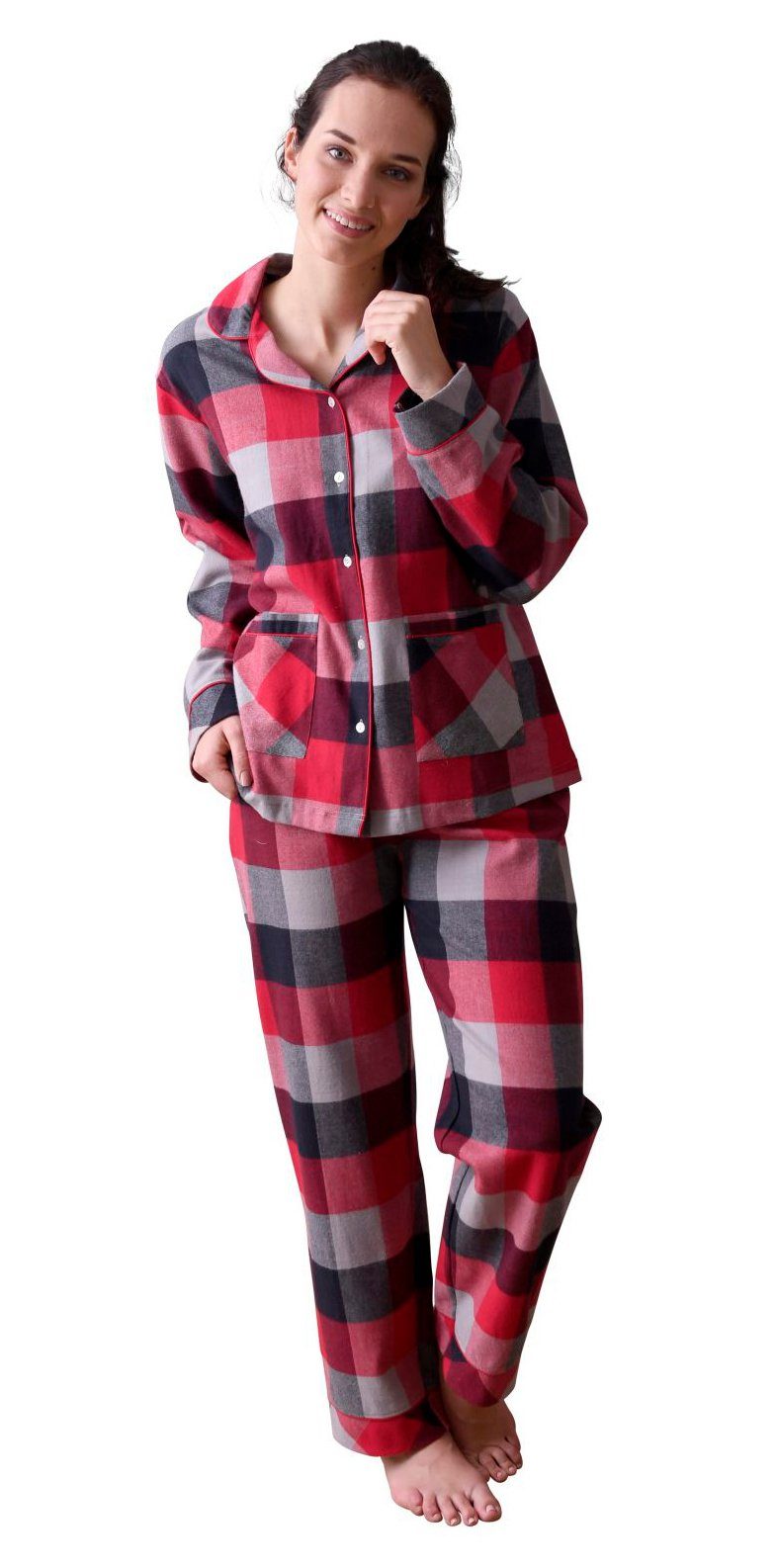 Normann Pyjama Damen Flanell Schlafanzug in edlen Karodesign - auch in Übergrößen