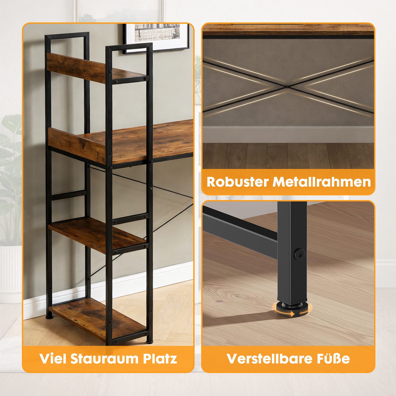 ANYSUN Schreibtisch Computertisch mit Regalböden rechts oder Links (1-St., 1 Tisch), Bürotisch Gamingtisch mit verstellbarer Ablage 120 / 140 cm