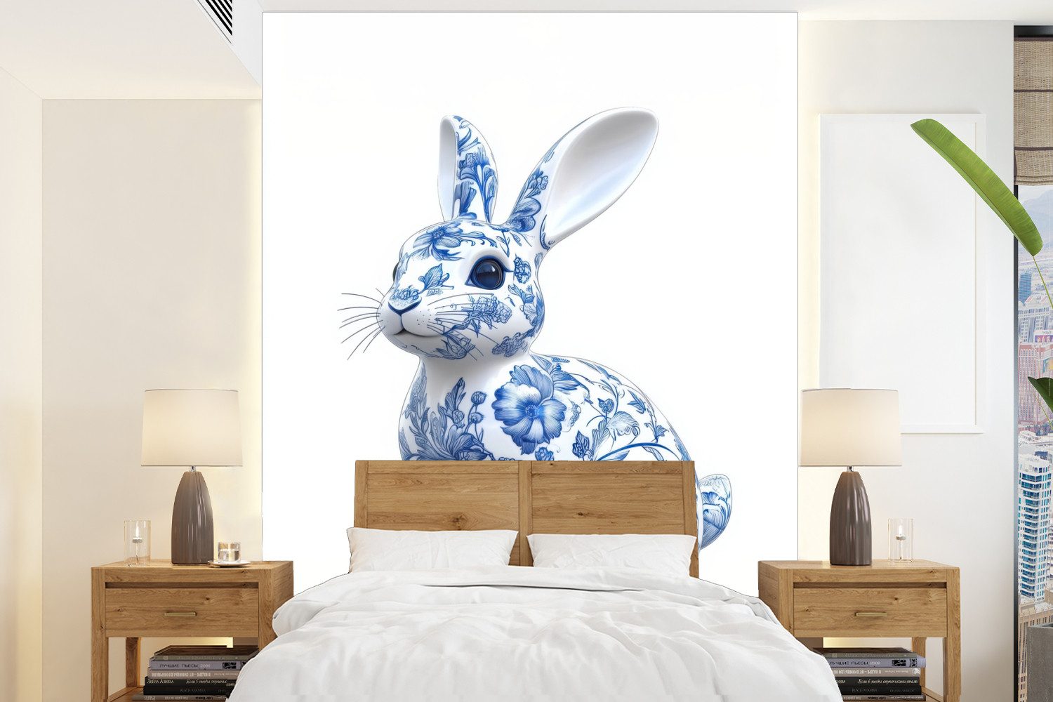 MuchoWow Fototapete Delfter Blau - Kleines Kaninchen - Weiß, Matt, bedruckt, Wallpaper für Wohnzimmer, Schlafzimmer, Vinyl Tapete, 165x220 cm