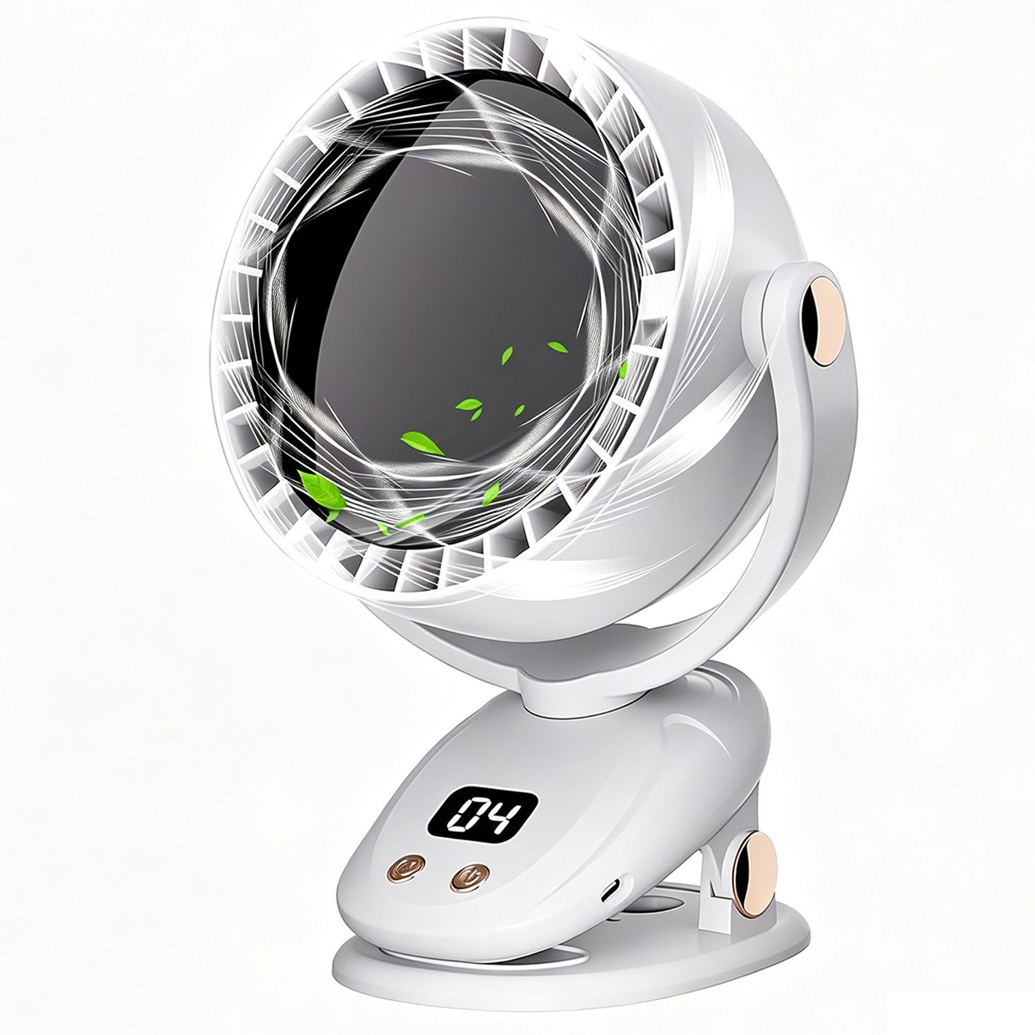 MOPUEA Tischventilator Clip-Ventilator, 4-in-1-Wand-, aufg-, Clip-und Tischventilator, mit einstellbarer Neigung, Digitalanzeige, für Büro und Reisen