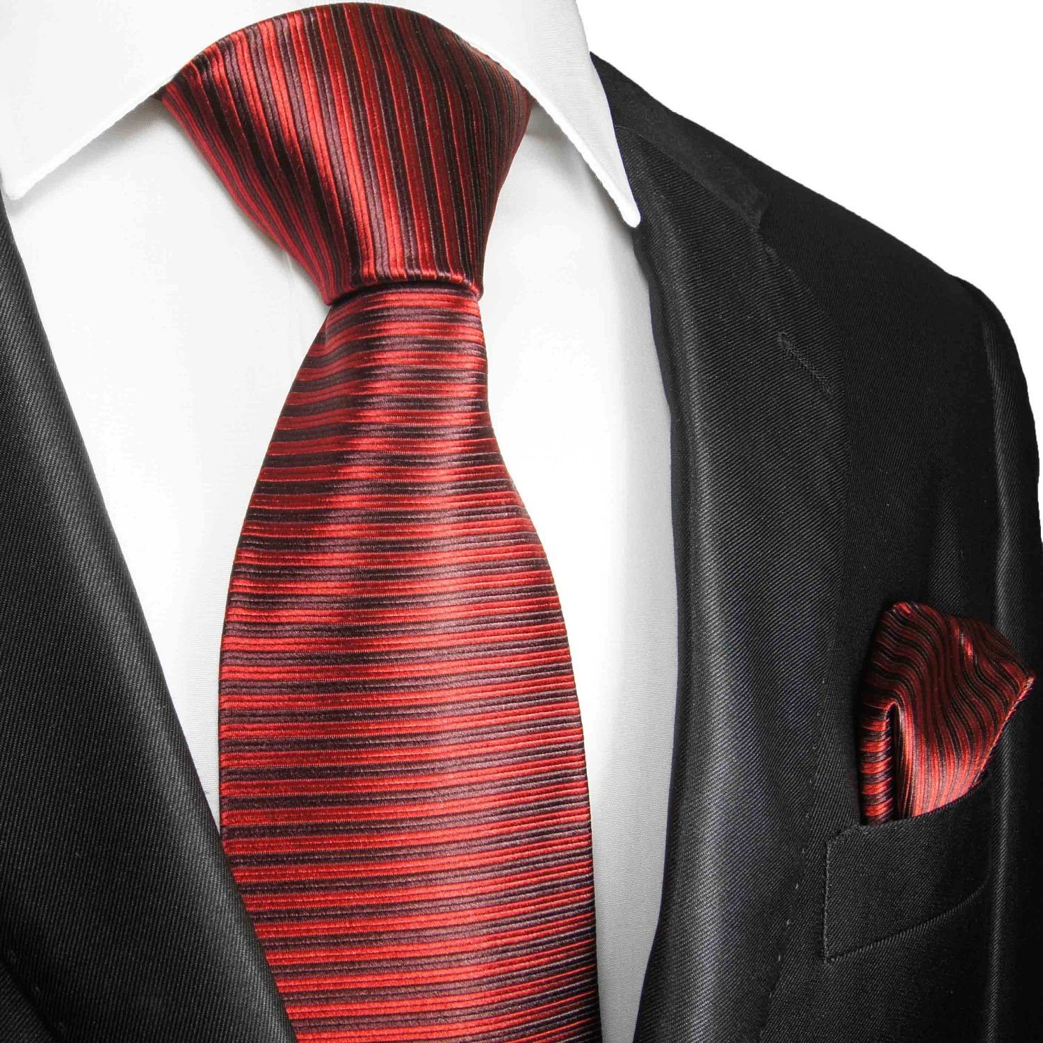 Paul Malone Krawatte Seidenkrawatte und Tuch Herren Schlips quergestreift 100% Seide (Set, 2-St., Krawatte mit Einstecktuch) Schmal (6cm), rot schwarz 767