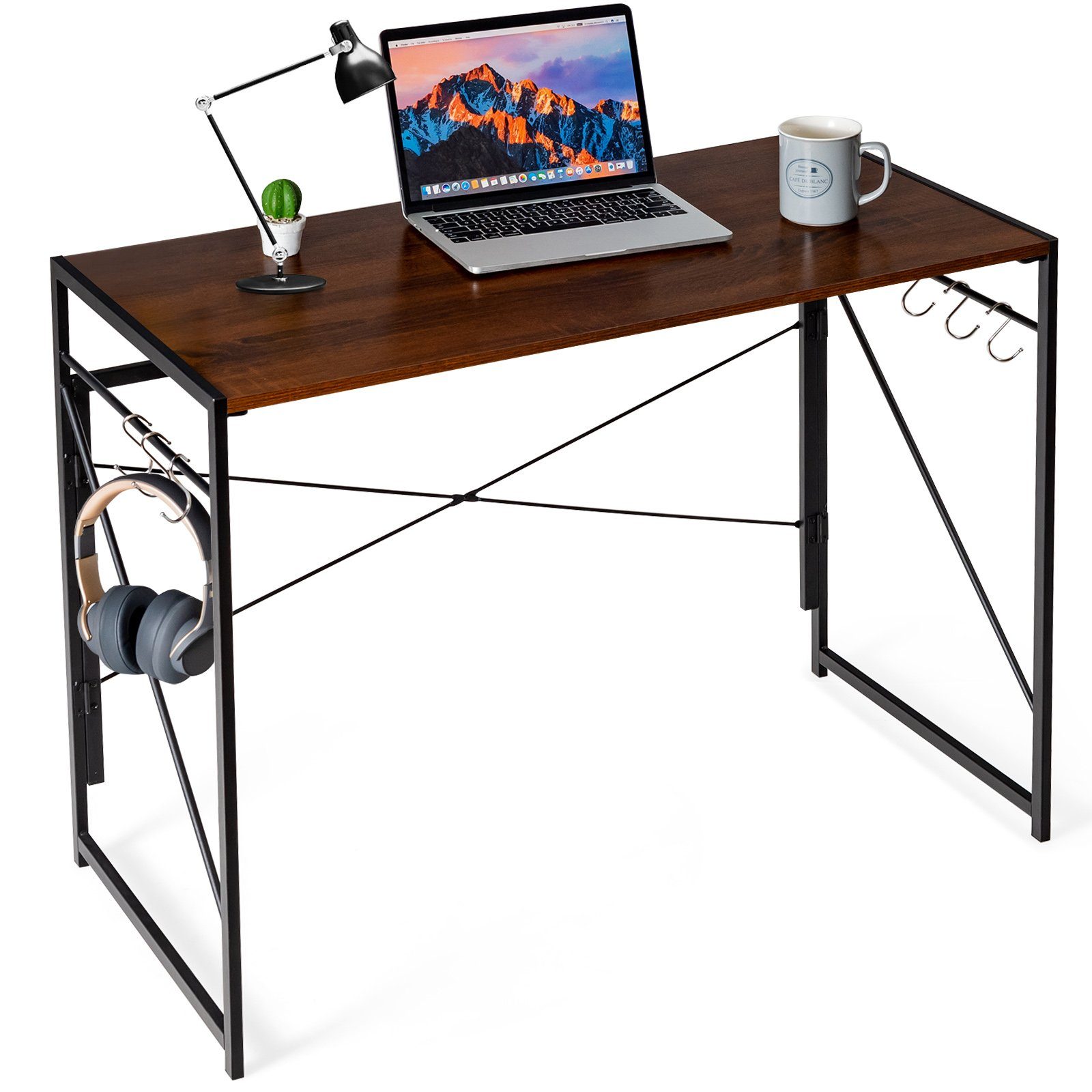 COSTWAY Schreibtisch, klappbar, mit 6 Haken & Metallrahmen, 100x50x75cm Braun