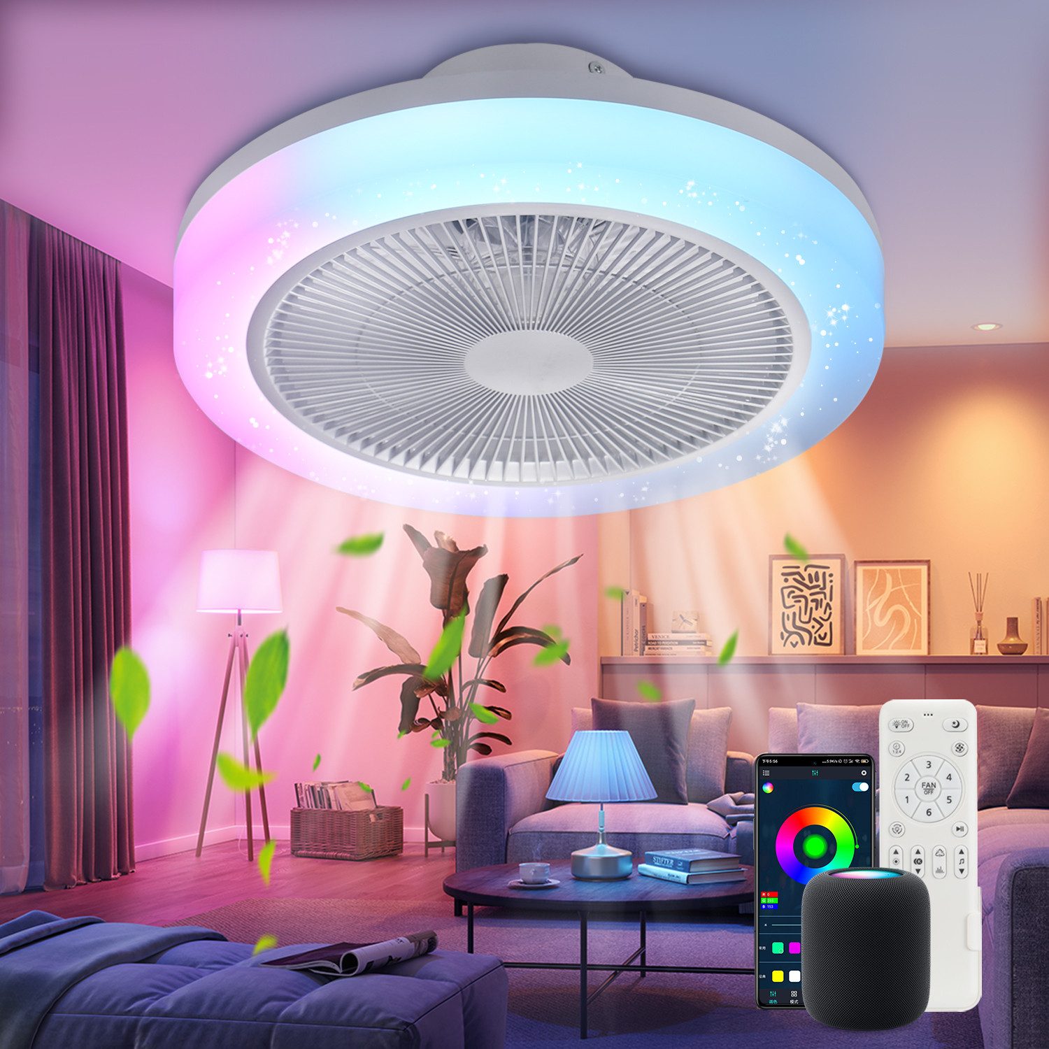 oyajia Deckenleuchte 45W Music LED Deckenleuchte mit Lautsprecher, Leiser Deckenventilator, Luftzirkulationsfunktion, LED fest integriert, RGB Farbwechsel (3000 – Bild 2 von 5
